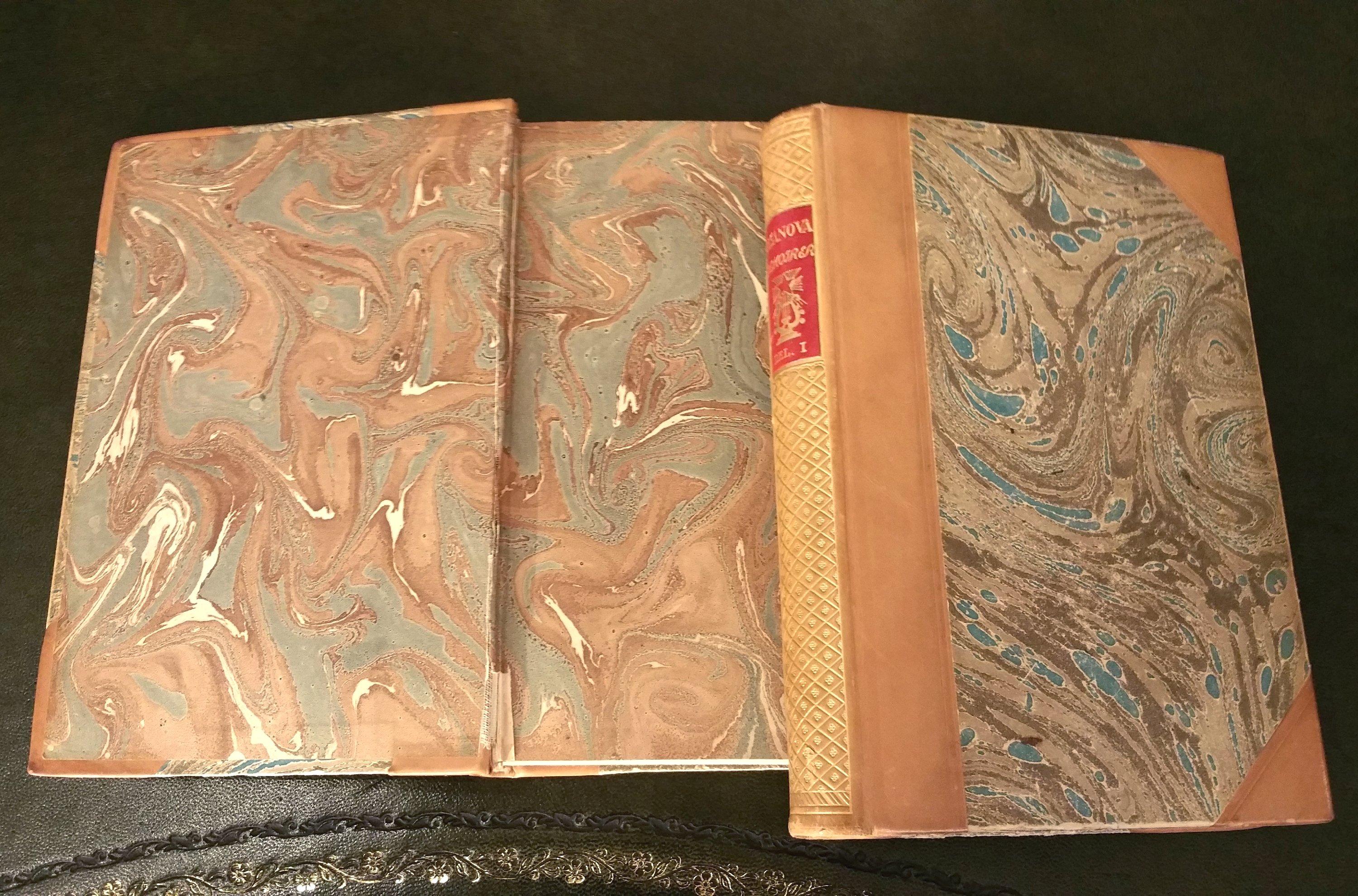 This attractive group of five very attractive leather-bound Swedish Literature books in warm rich tones of dark orange gold with detailed gold leaf embossing are a group of five books titled Casanova, series one thru five by E. Karlholm. Aside from