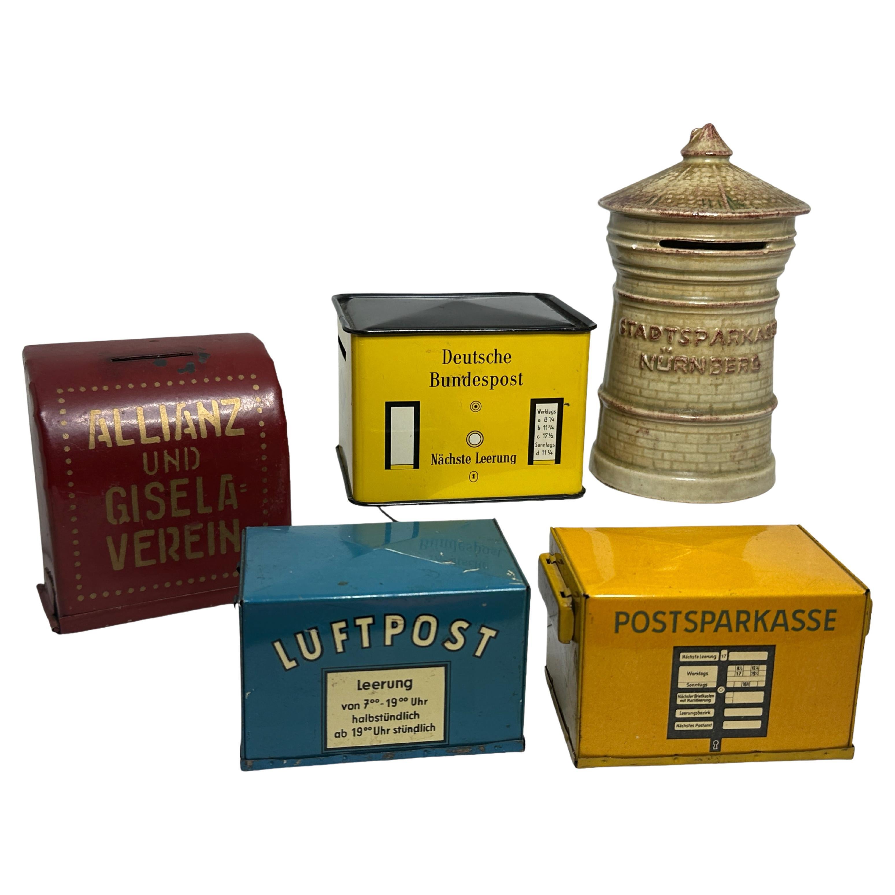 Collection de cinq tirelires allemandes vintage, années 1920 - 1960