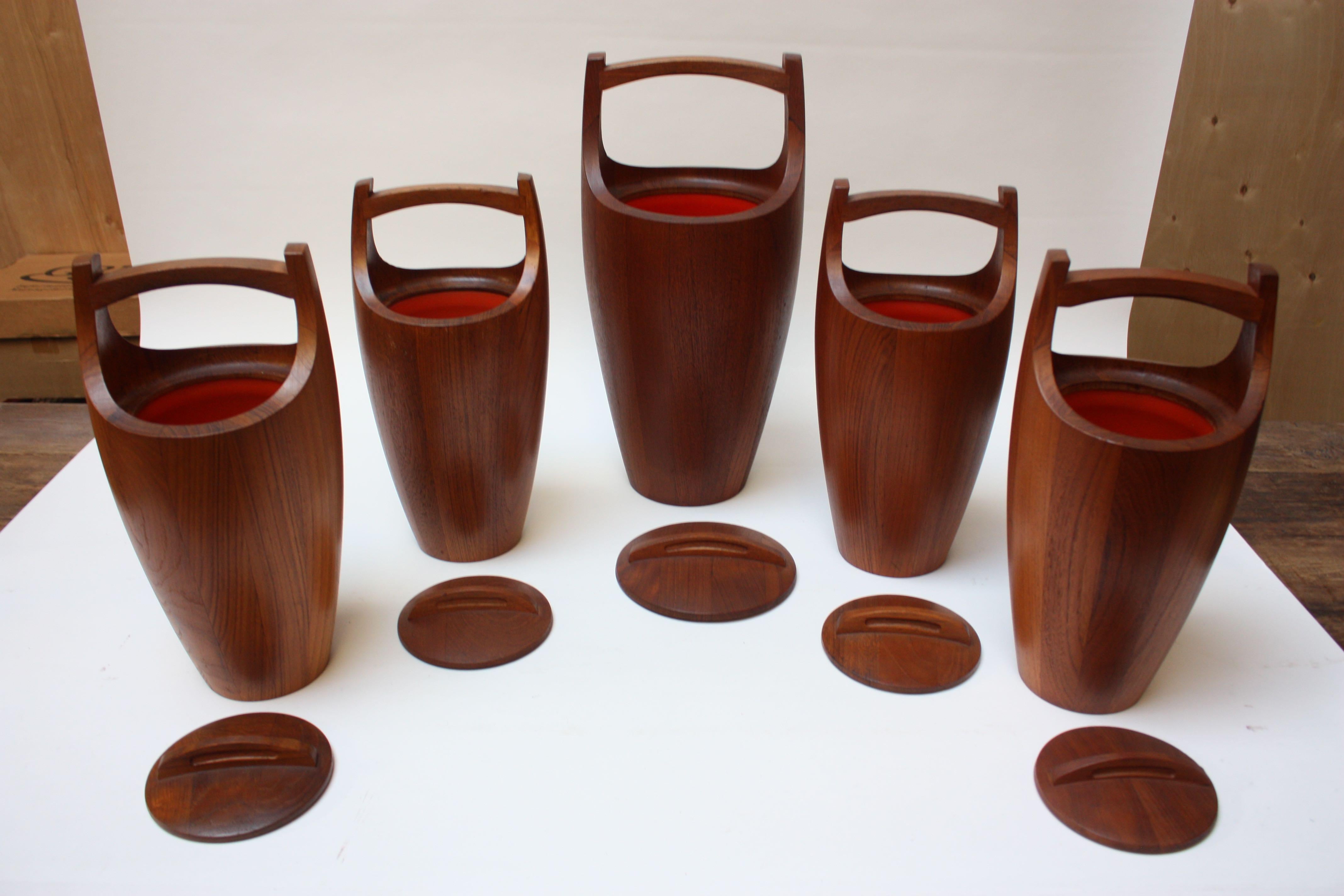 Mid-20th Century Collection of Five Staved Teak 'Congo' Ice Buckets by Jens Quistgaard for Dansk