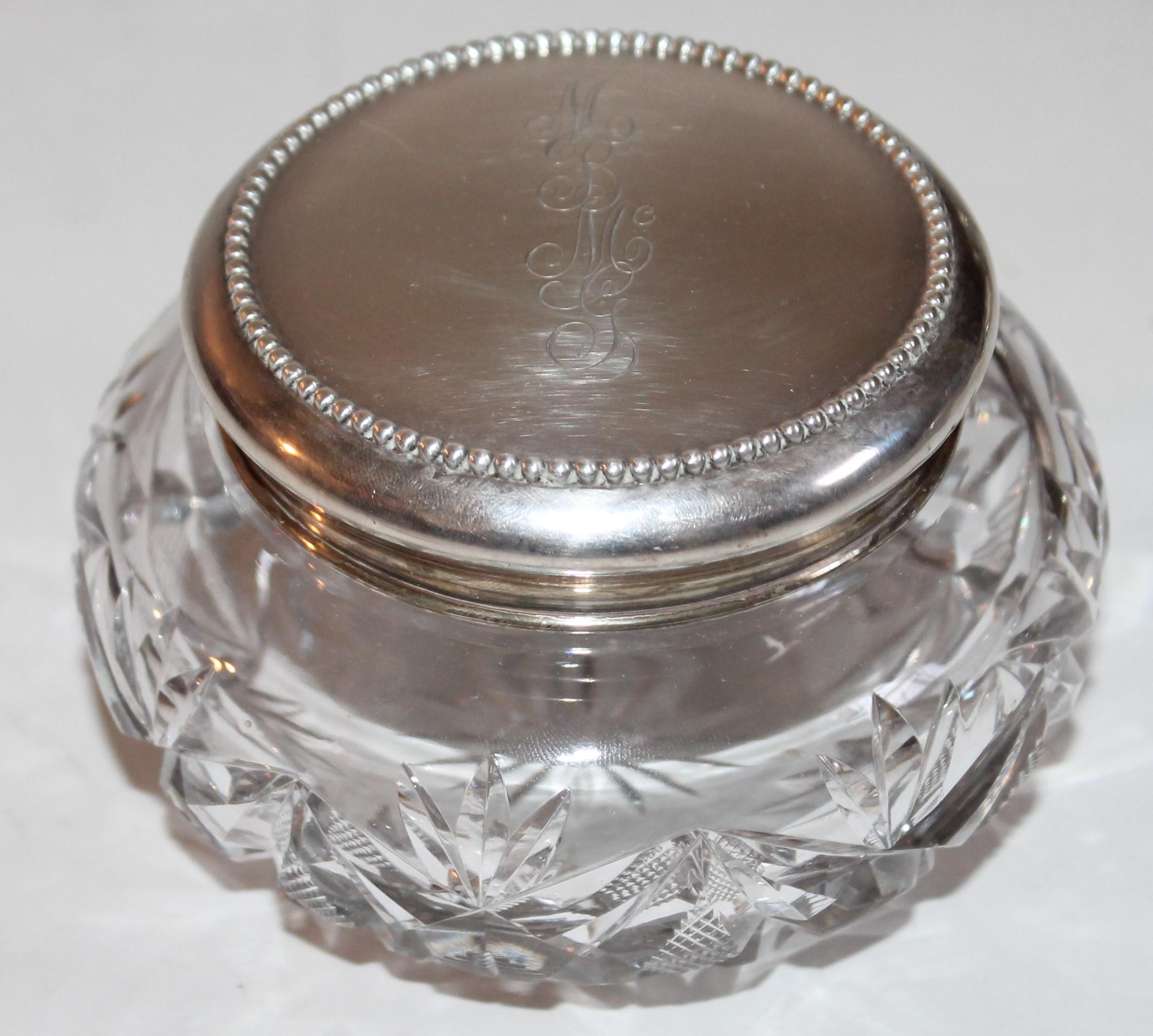 Collection of Five Sterling Silver  & Cut Glass Powder Jars For Sale 3