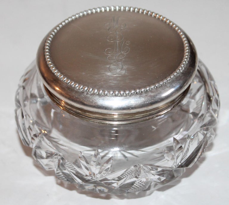 Collection of Five Sterling Silver and Cut Glass Powder Jars For Sale