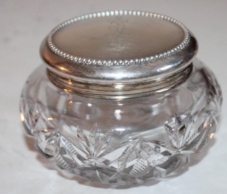 Collection of Five Sterling Silver and Cut Glass Powder Jars For Sale