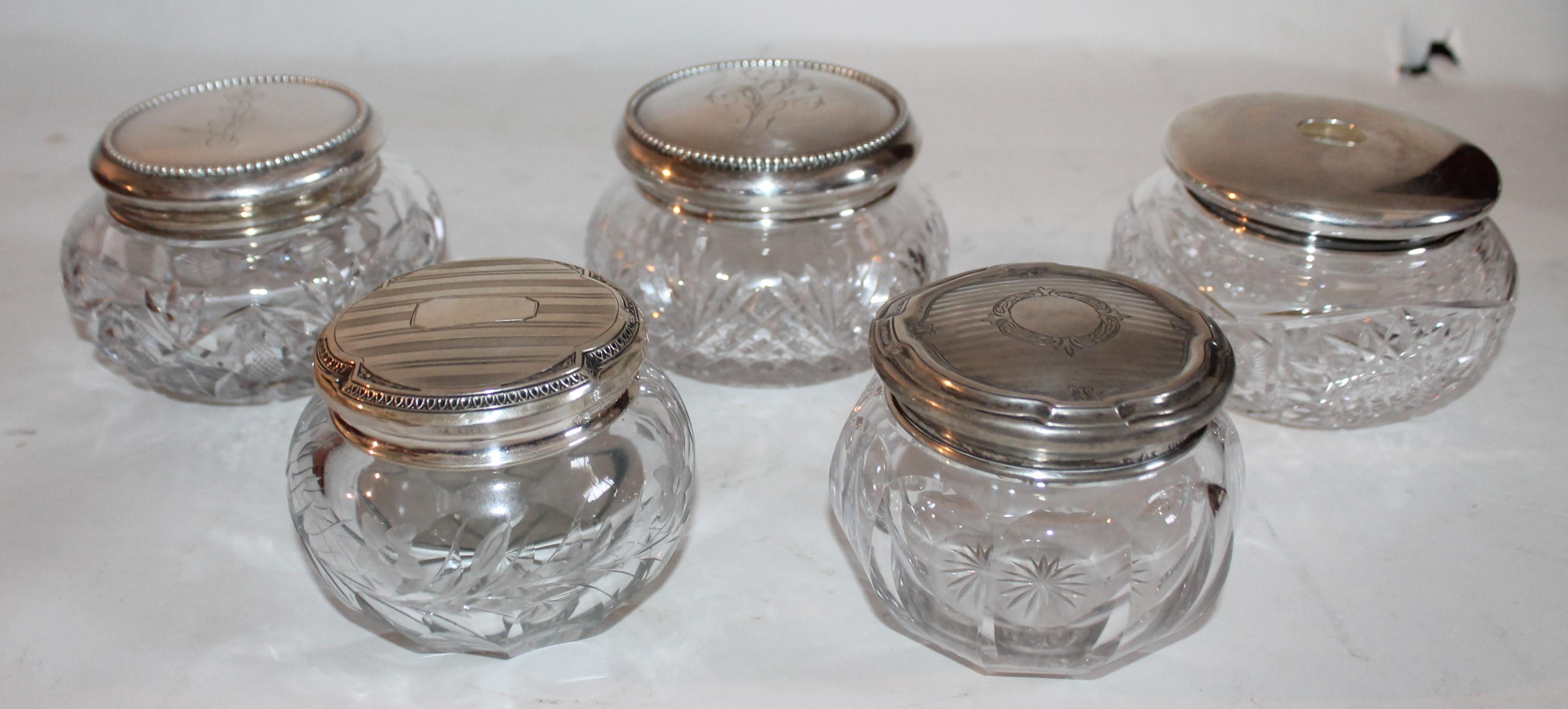 Other Collection of Five Sterling Silver  & Cut Glass Powder Jars For Sale
