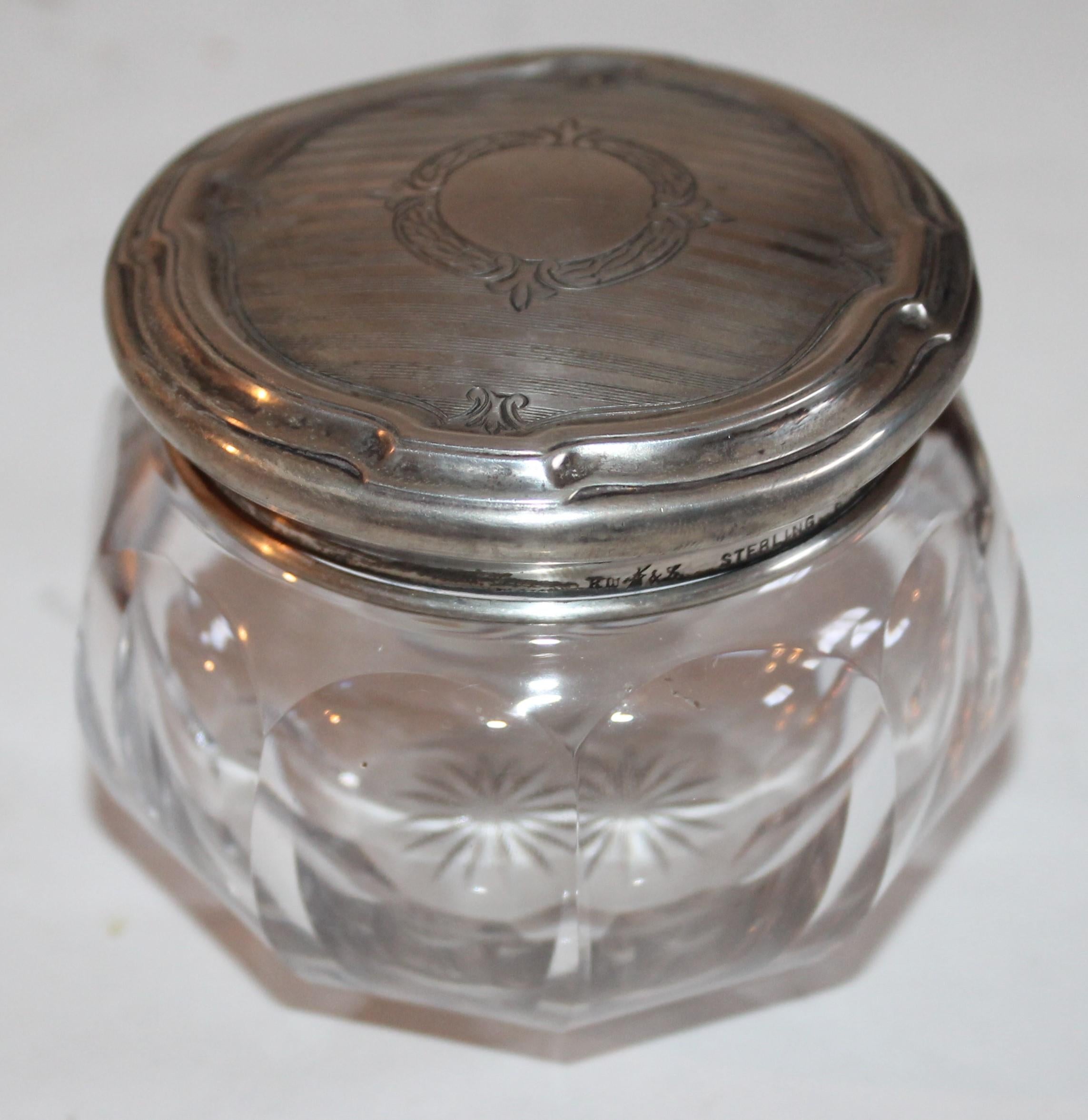 Collection of Five Sterling Silver  & Cut Glass Powder Jars In Excellent Condition For Sale In Los Angeles, CA