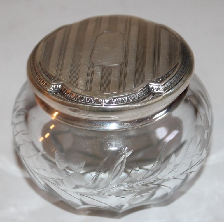 Collection of Five Sterling Silver and Cut Glass Powder Jars For Sale