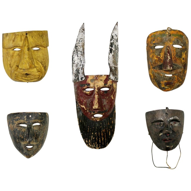 Collection Of Five Vintage Mexican Folk Art Hand Carved Wood Masks At 1stdibs