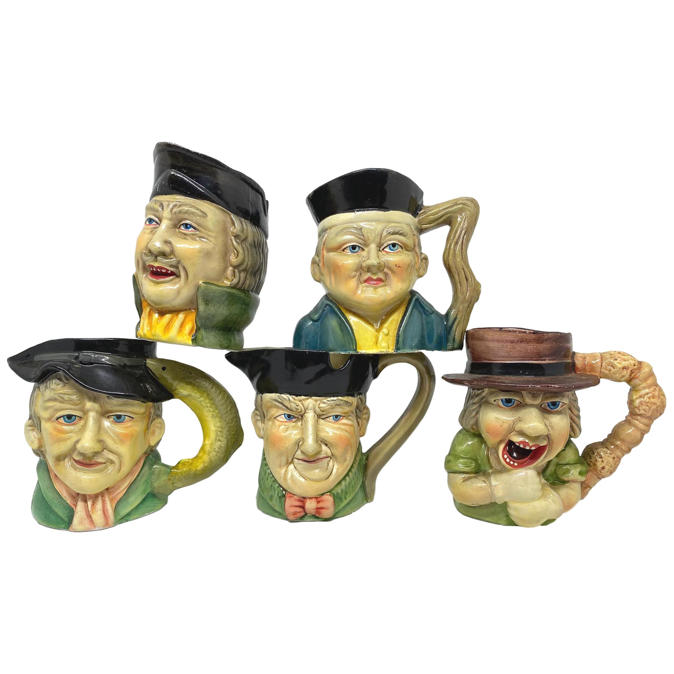 Collection of Five Vintage Toby Mug Pitchers Creamers, England, 1950s