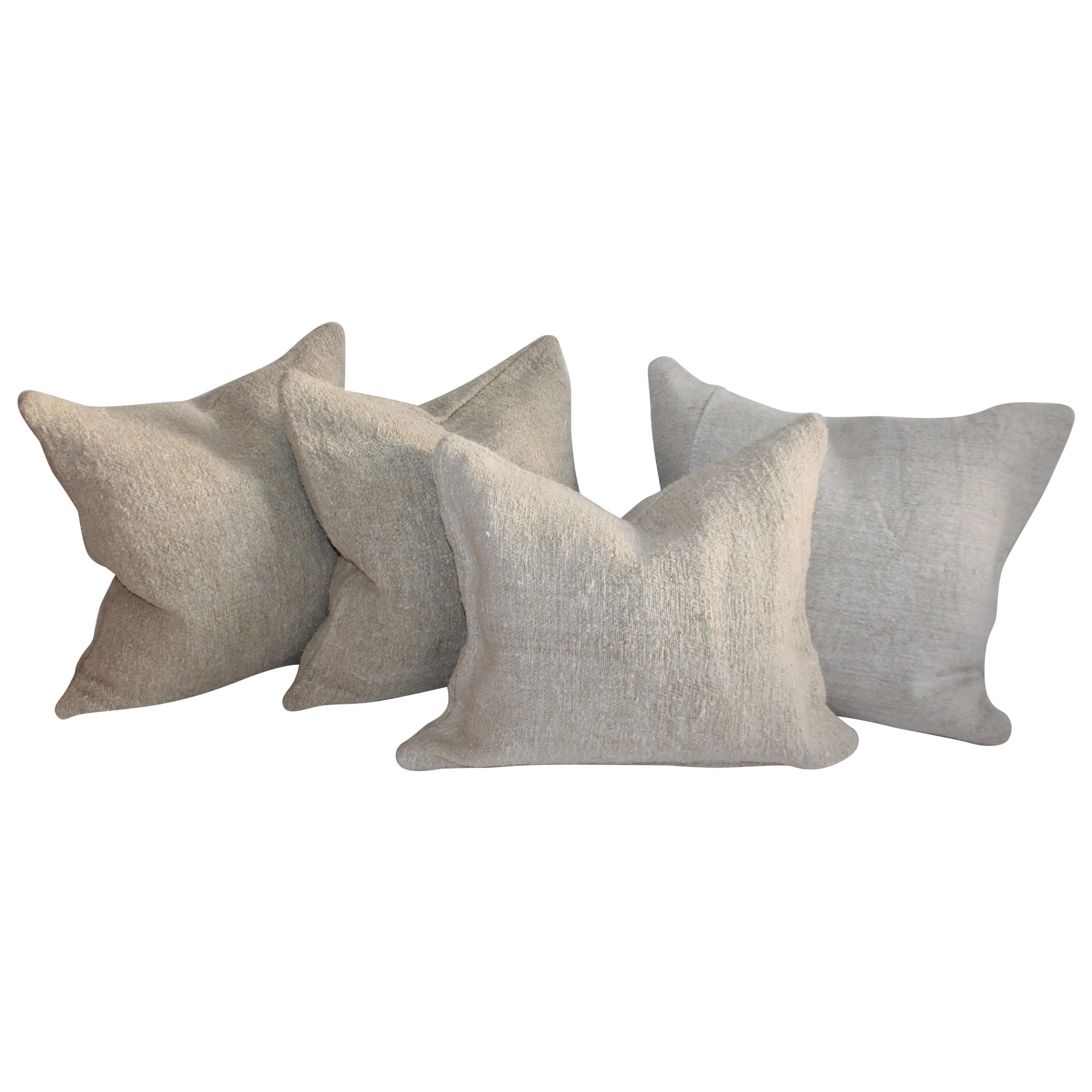 Collection of Four 19th Century Homespun Linen Pillows For Sale