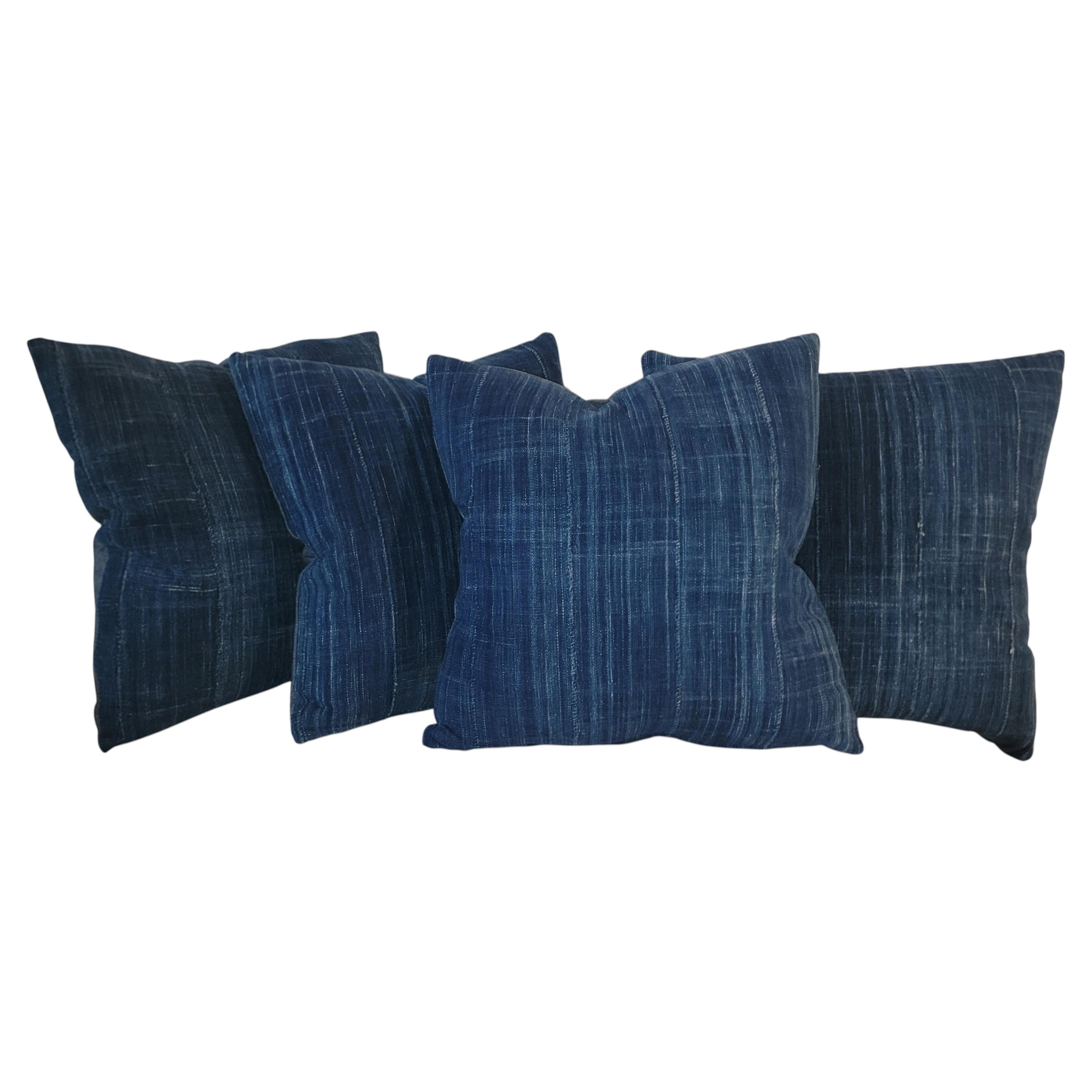 Collectional de quatre oreillers en lin indigo 19Thc -4