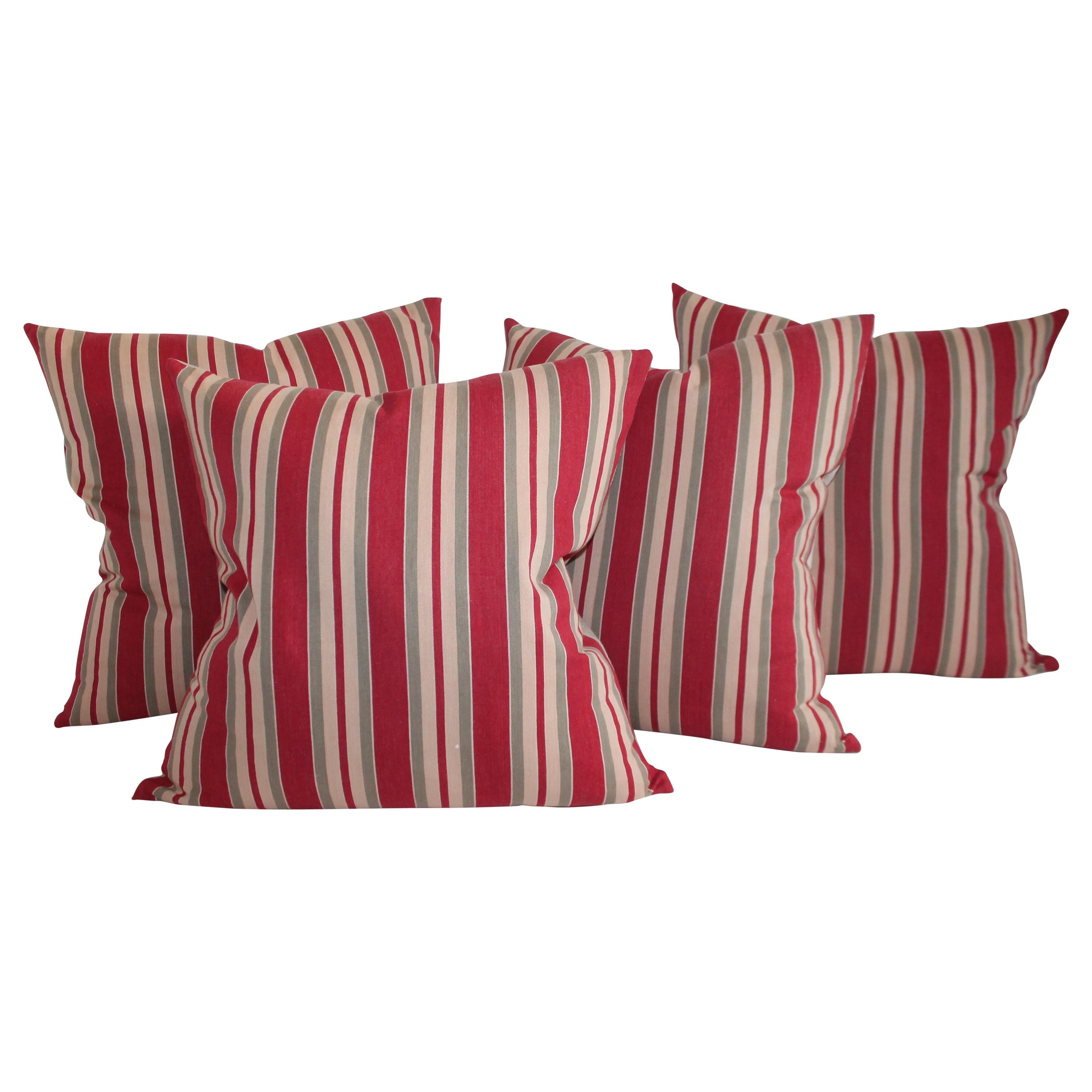 Collection of Four 19th Century Red and Tan Stripe Ticking Pillows For Sale