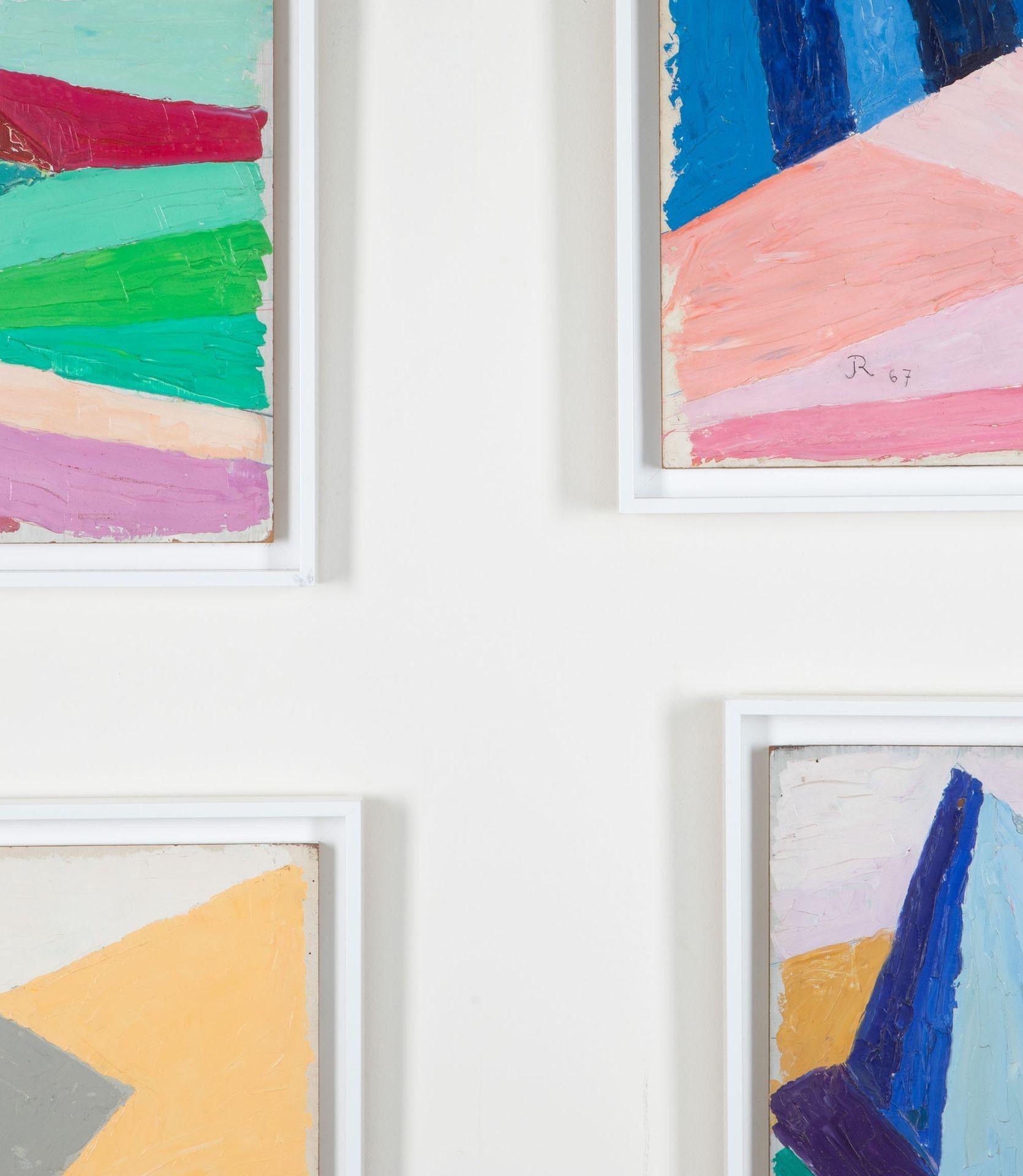 A striking collection of four 20th Century French Modernist oil on board painting.
Anchored with strong geometric colour blocks, each initialed R and dated 1967 and 1971.
Recently reframed in white floating frames.