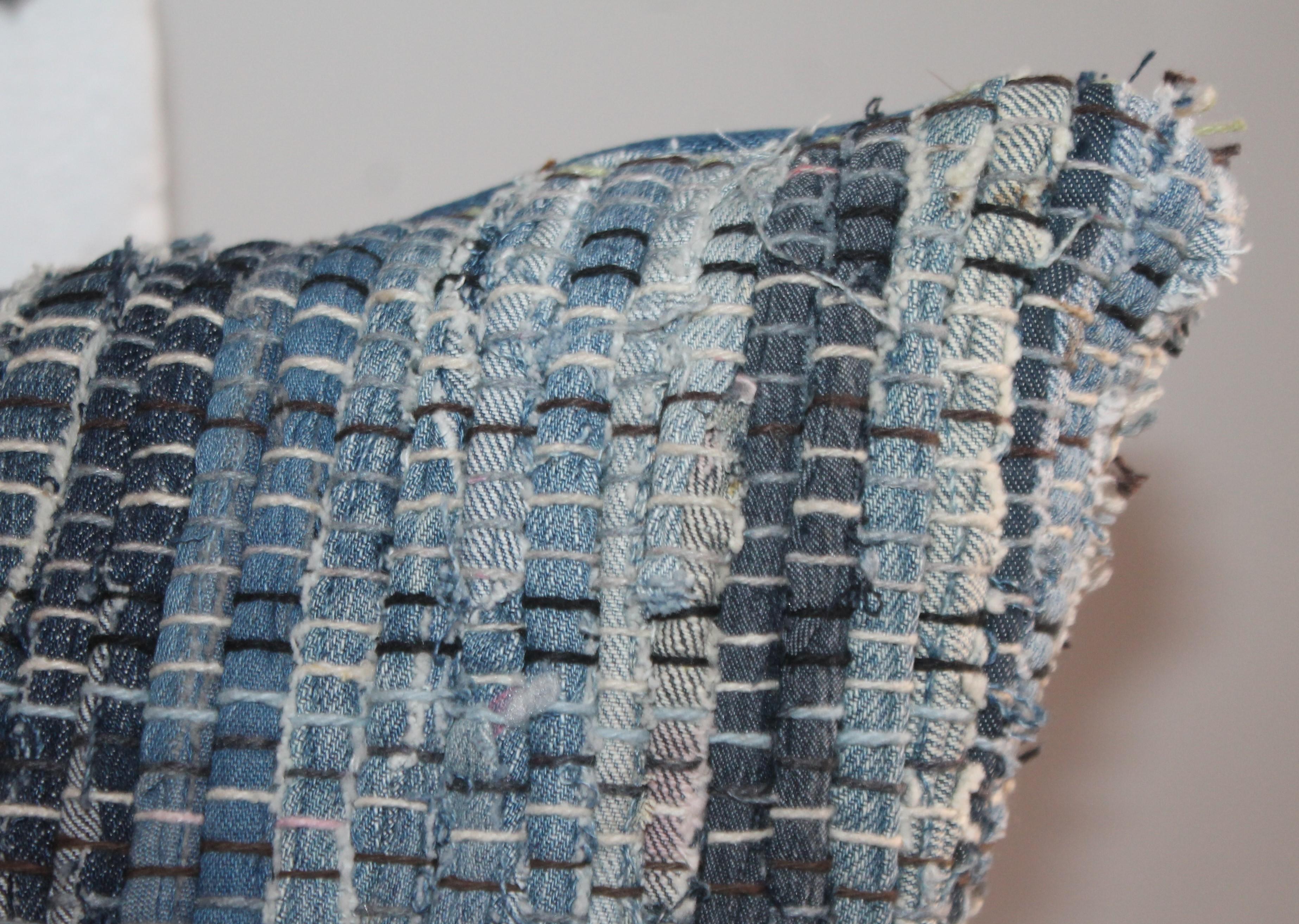Collection of Four Blue Rag Rug Pillows In Good Condition In Los Angeles, CA
