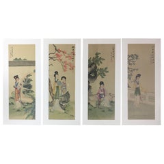 Vintage Collection of Four Chinese Paintings on Silk