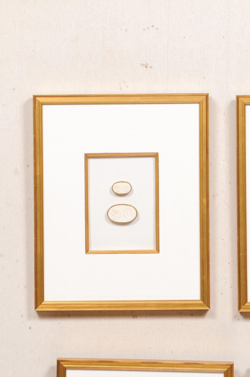 European Collection of Four Framed Wall Art of Greek Intaglios, White in Gold Frames