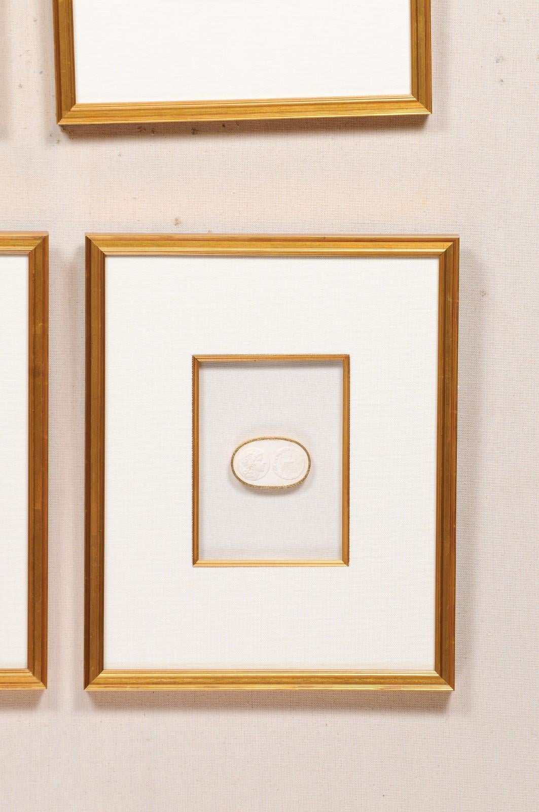 Contemporary Collection of Four Framed Wall Art of Greek Intaglios, White in Gold Frames