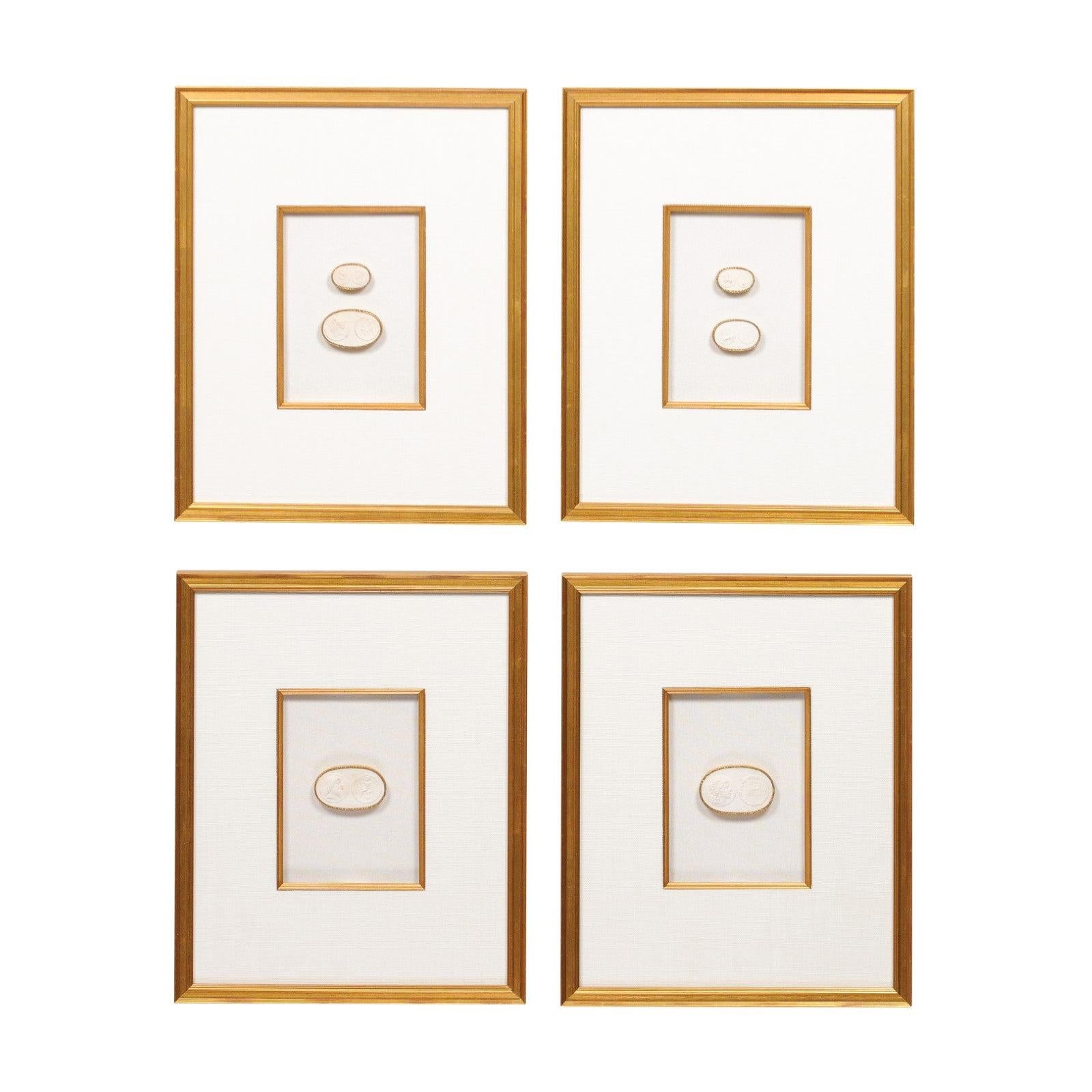 Collection of Four Framed Wall Art of Greek Intaglios, White in Gold Frames