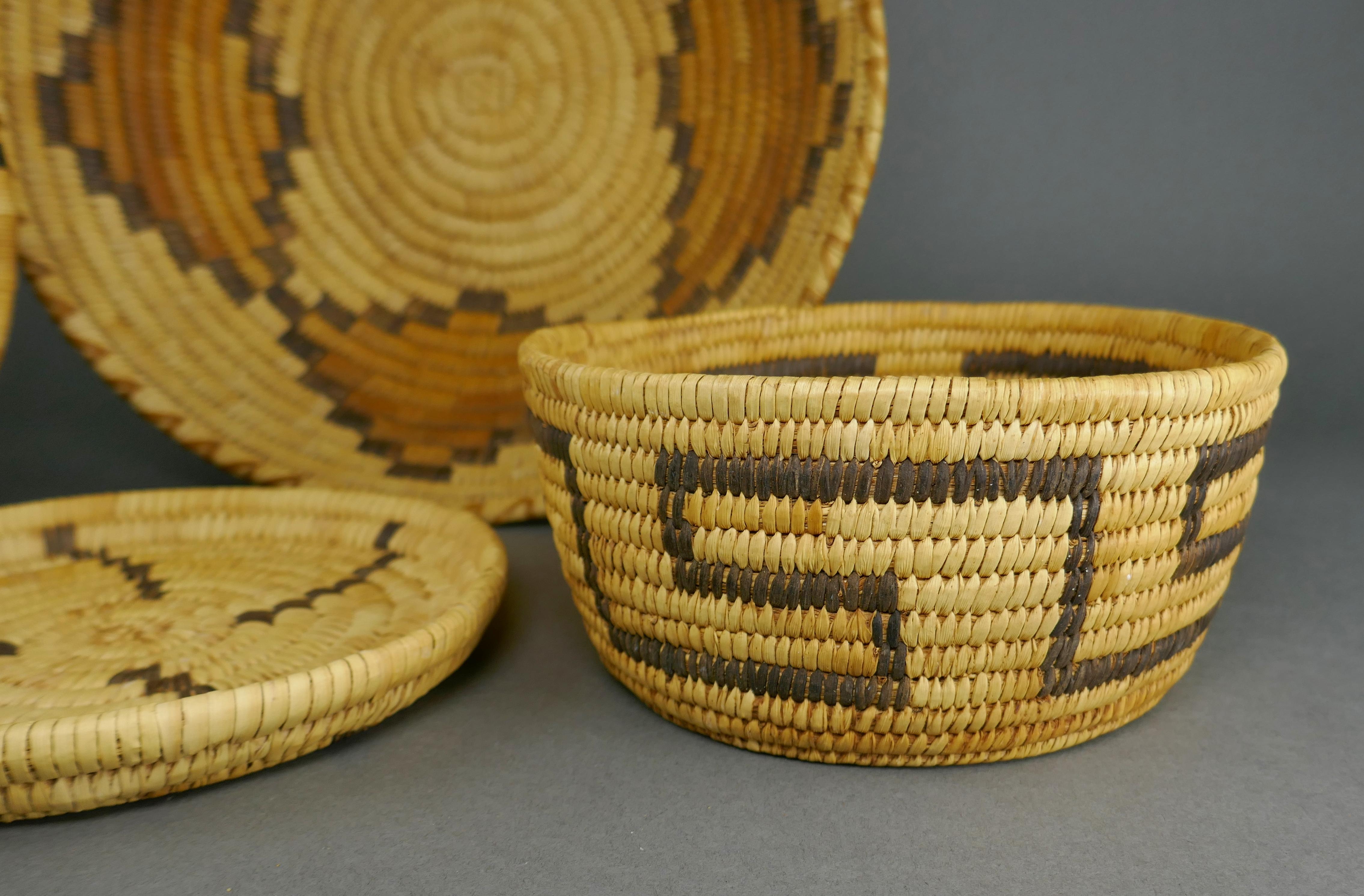 Tissé à la main Collection de quatre paniers amérindiens tissés à la main Papago & Hopi en vente