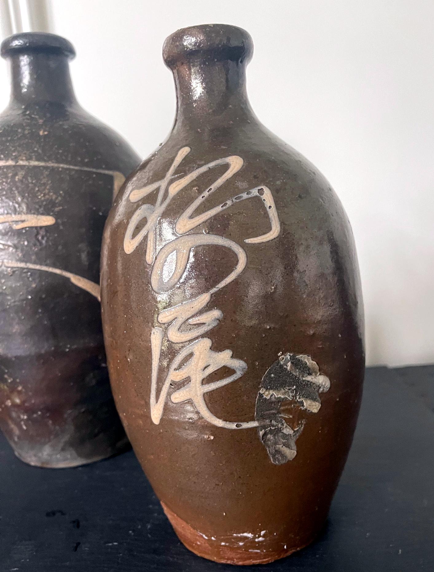 20th Century Collection of Four Japanese Tamba Tokkuri Sake Bottles For Sale