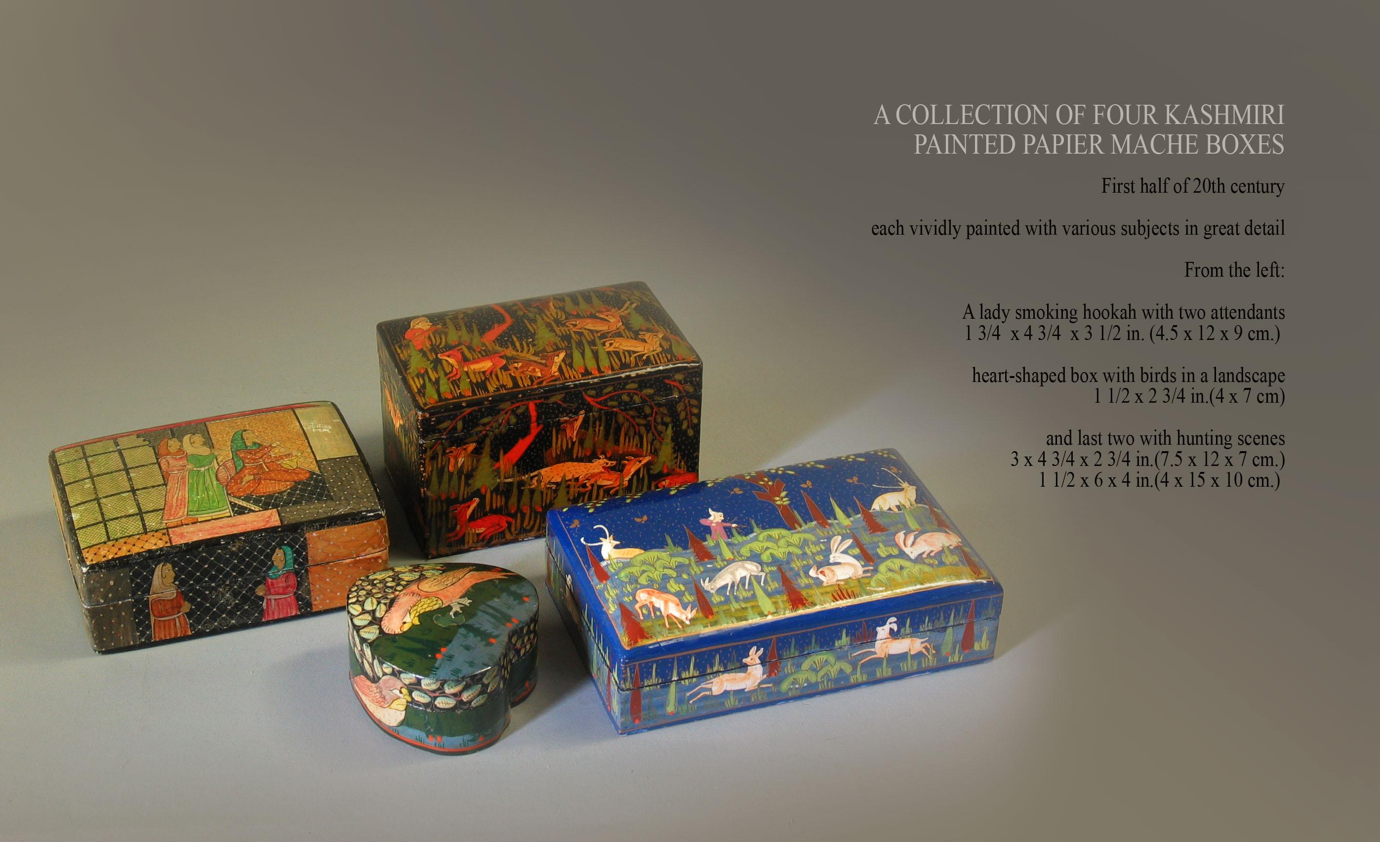 A Collection Of Four Kashmiri
Painted Papier Mâché Boxes

First half of 20th century,

Each vividly painted with various subjects in great detail.

From the left:

A lady smoking hookah with two attendants.
1 3/4  x 4 3/4  x 3 1/2 in. (4.5