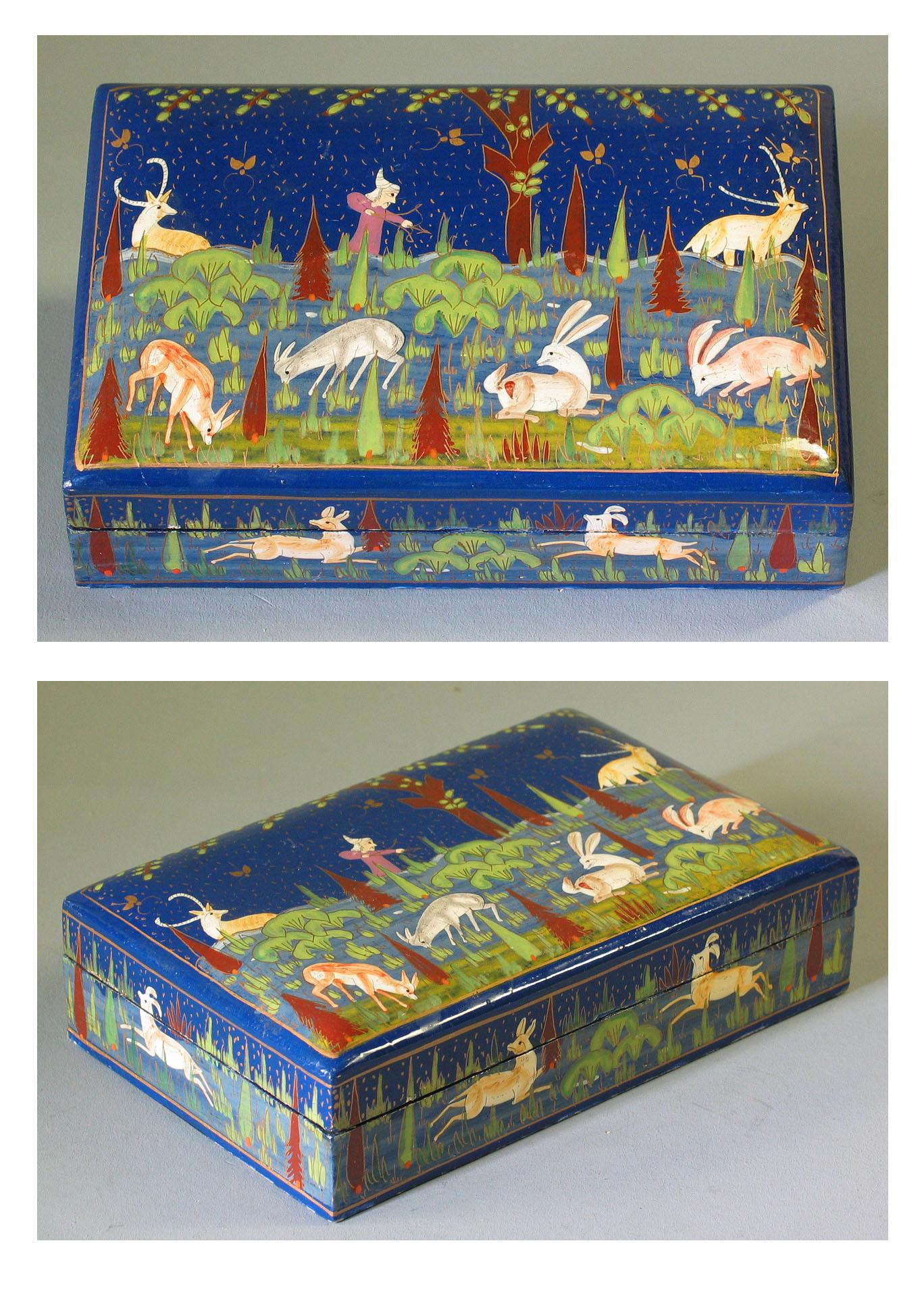 Tribal Collection of Four Kashmiri Painted Papier Mâché Boxes, Early 20th Century