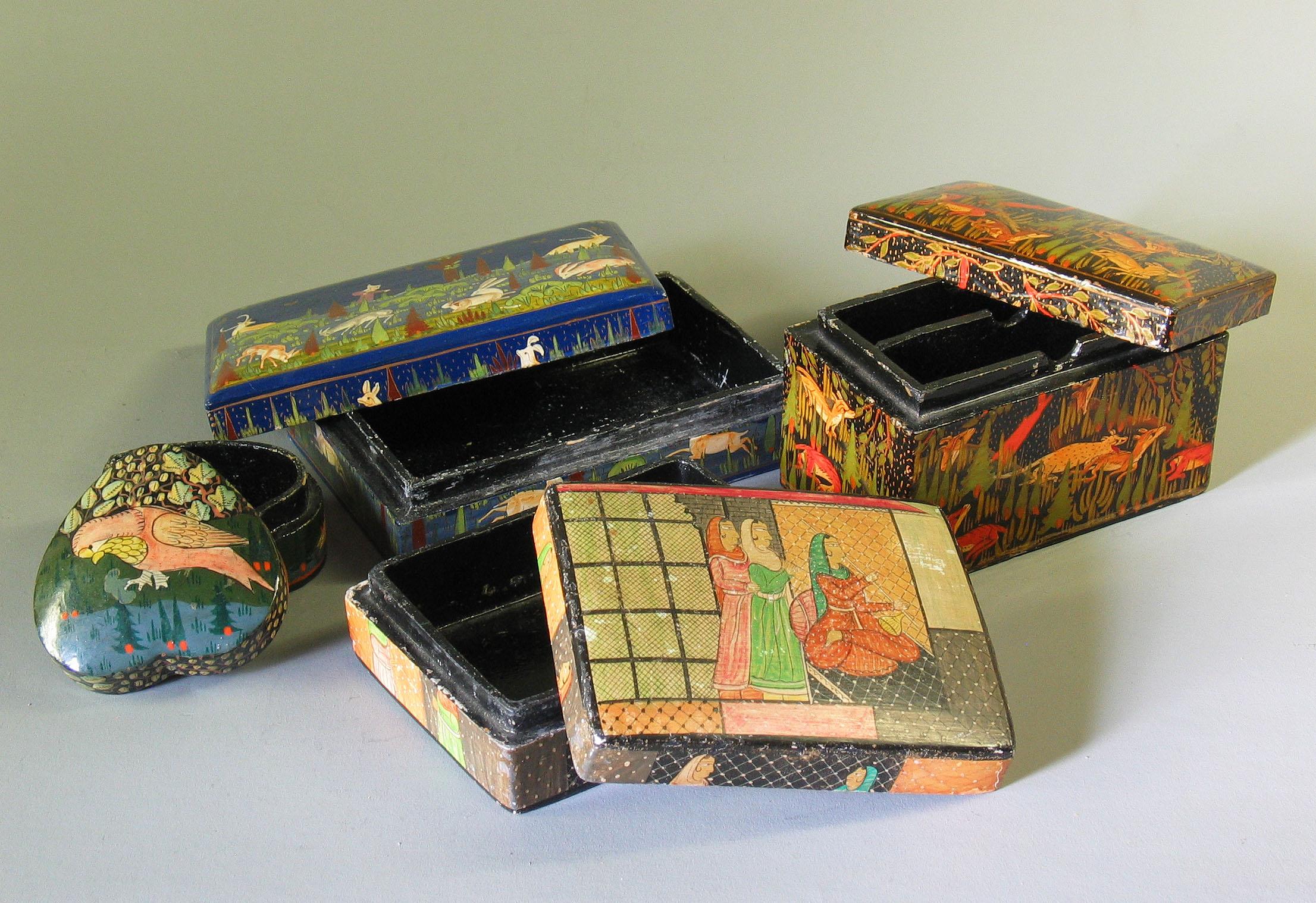 Indian Collection of Four Kashmiri Painted Papier Mâché Boxes, Early 20th Century