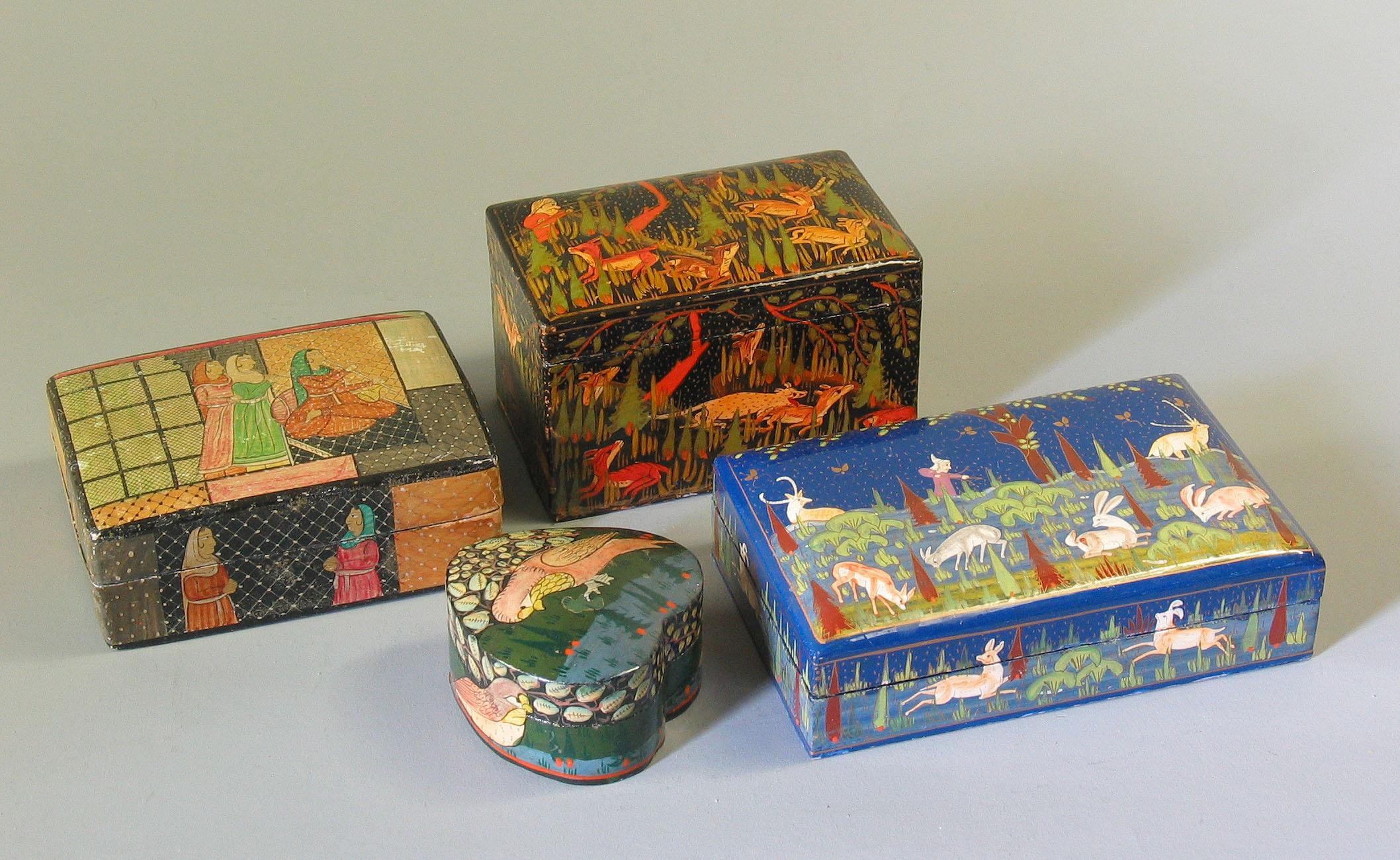 Hand-Crafted Collection of Four Kashmiri Painted Papier Mâché Boxes, Early 20th Century