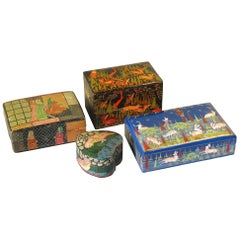 Collection of Four Kashmiri Painted Papier Mâché Boxes, Early 20th Century