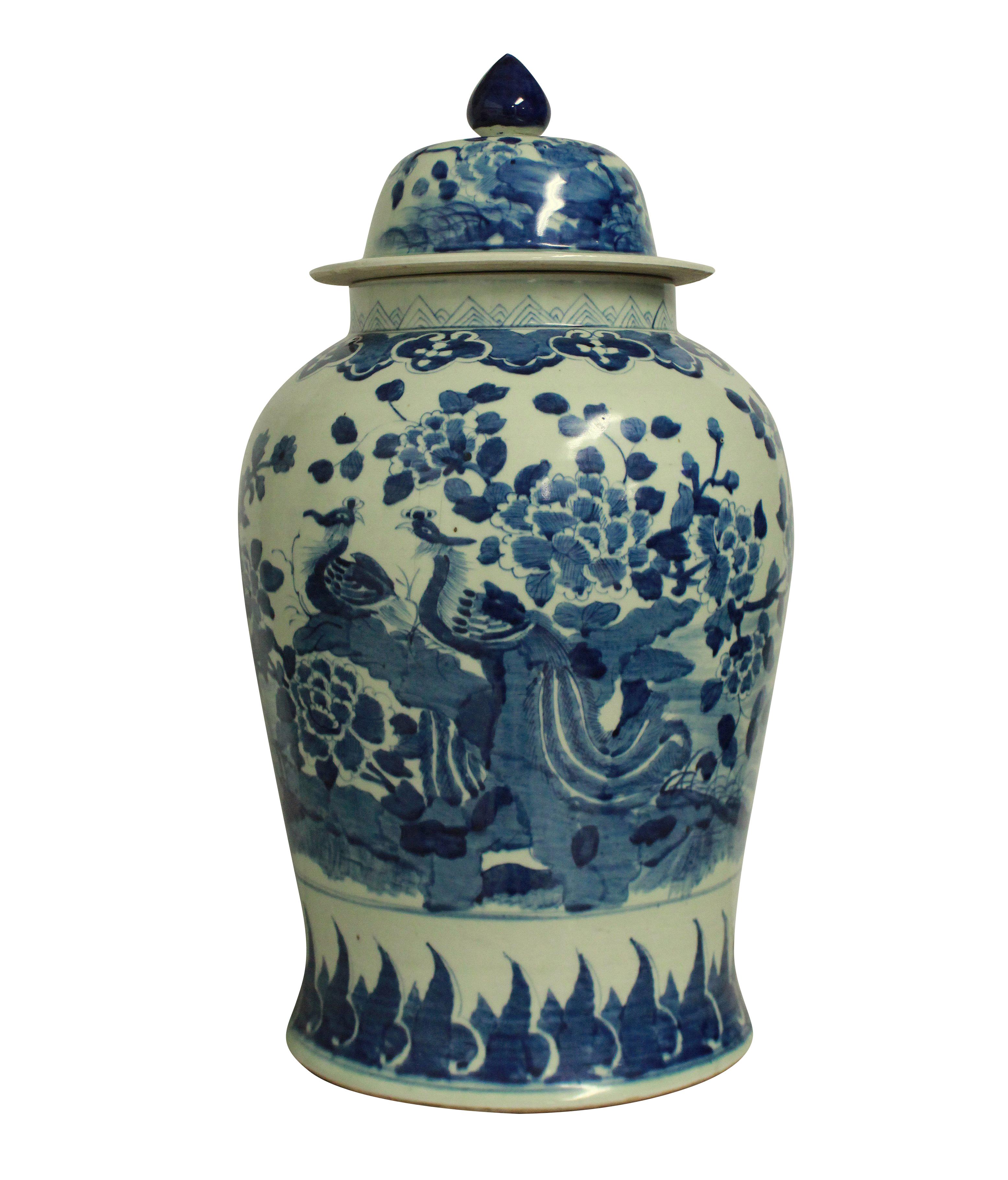 A collection of four large Chinese blue and white porcelain vases with covers. One with ground gold detailing.
Measures: 53cm high x 46cm high x 62cm high x 30cm diameter (largest).