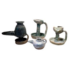 Vintage Collection of Four Persian Glazed Ceramic Oil Lamps