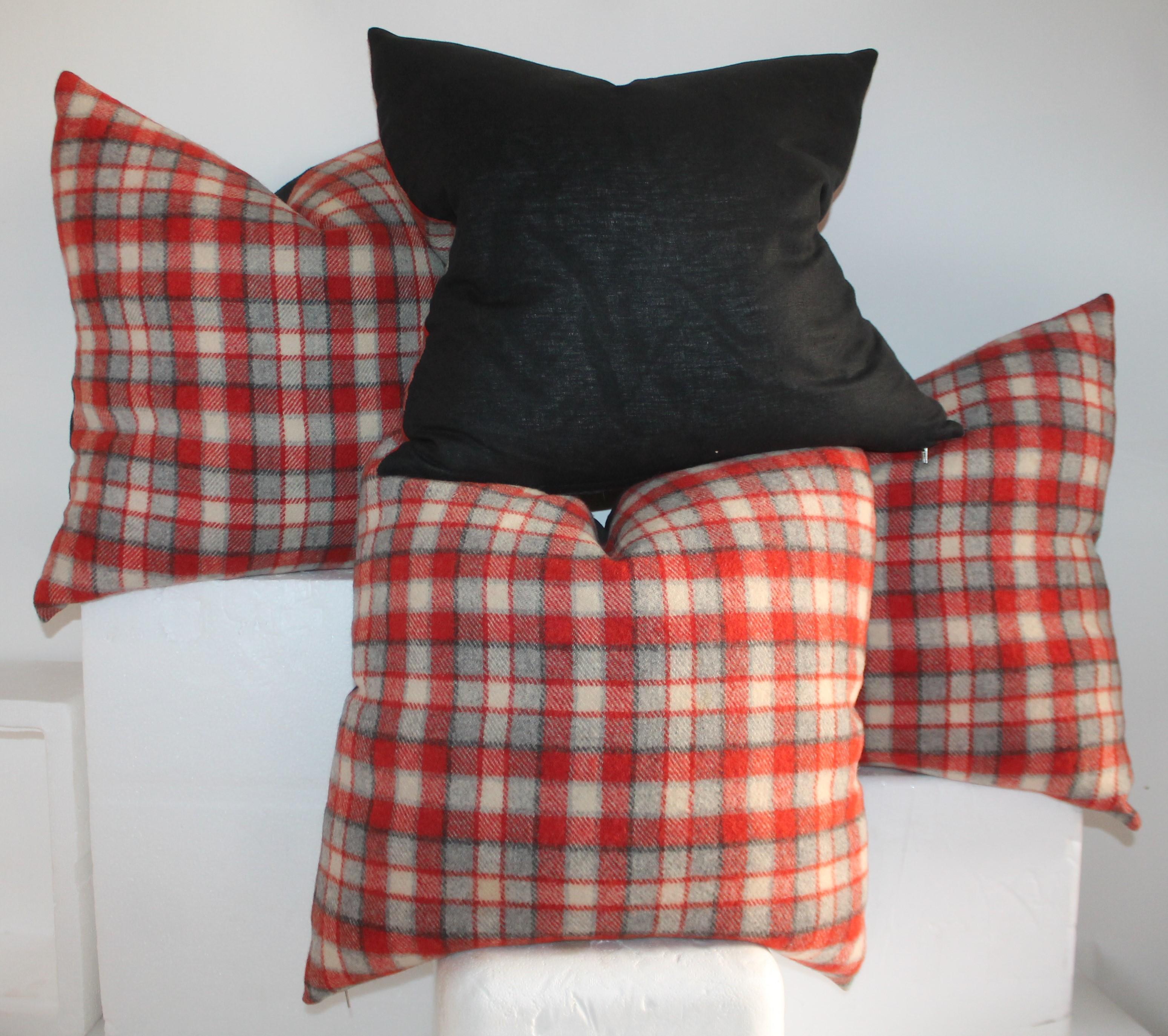 20th Century Collection of Four Plaid Camp Blanket Pillows For Sale