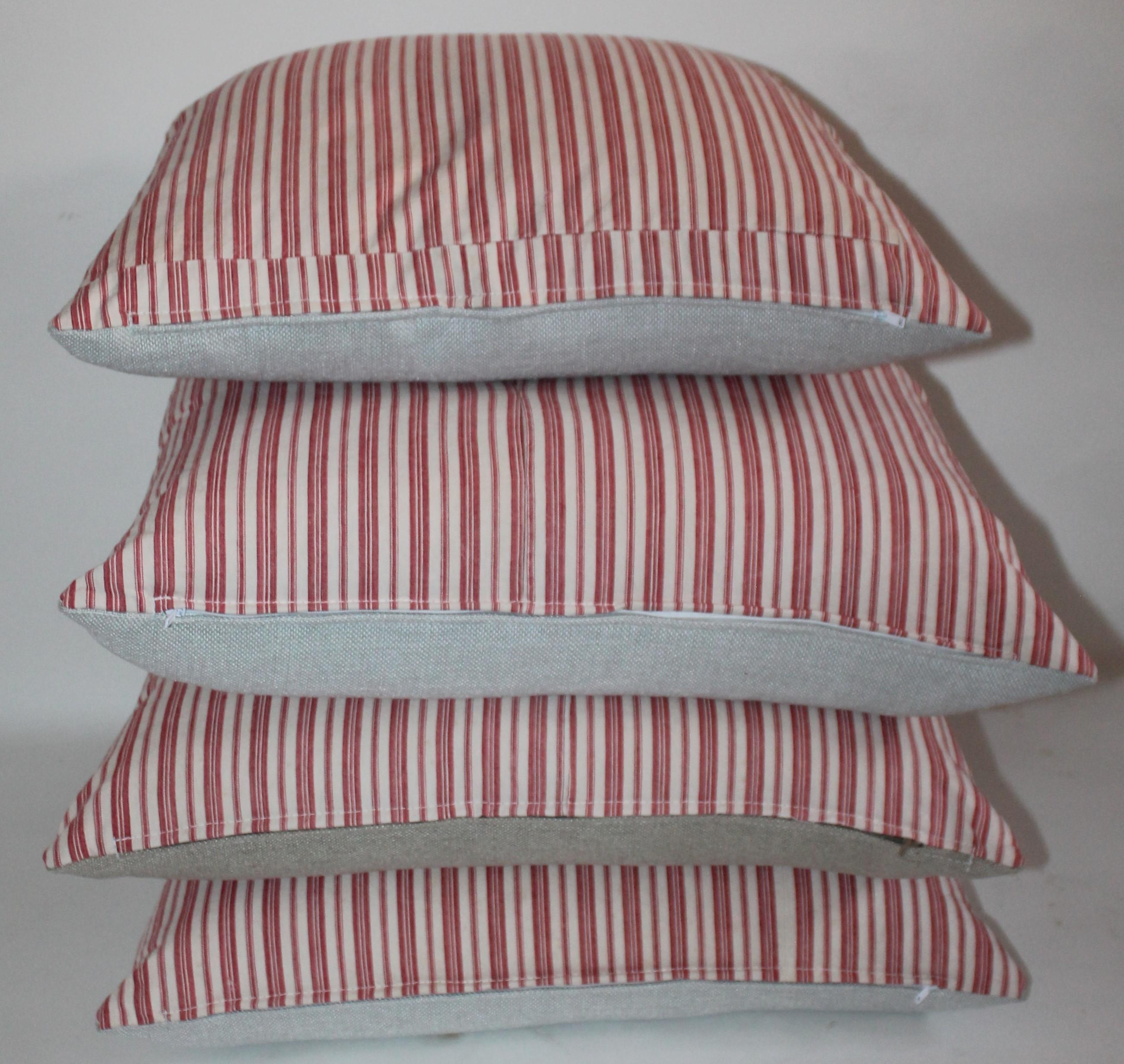 American Collection of Four Red and White Vintage Ticking Pillows For Sale