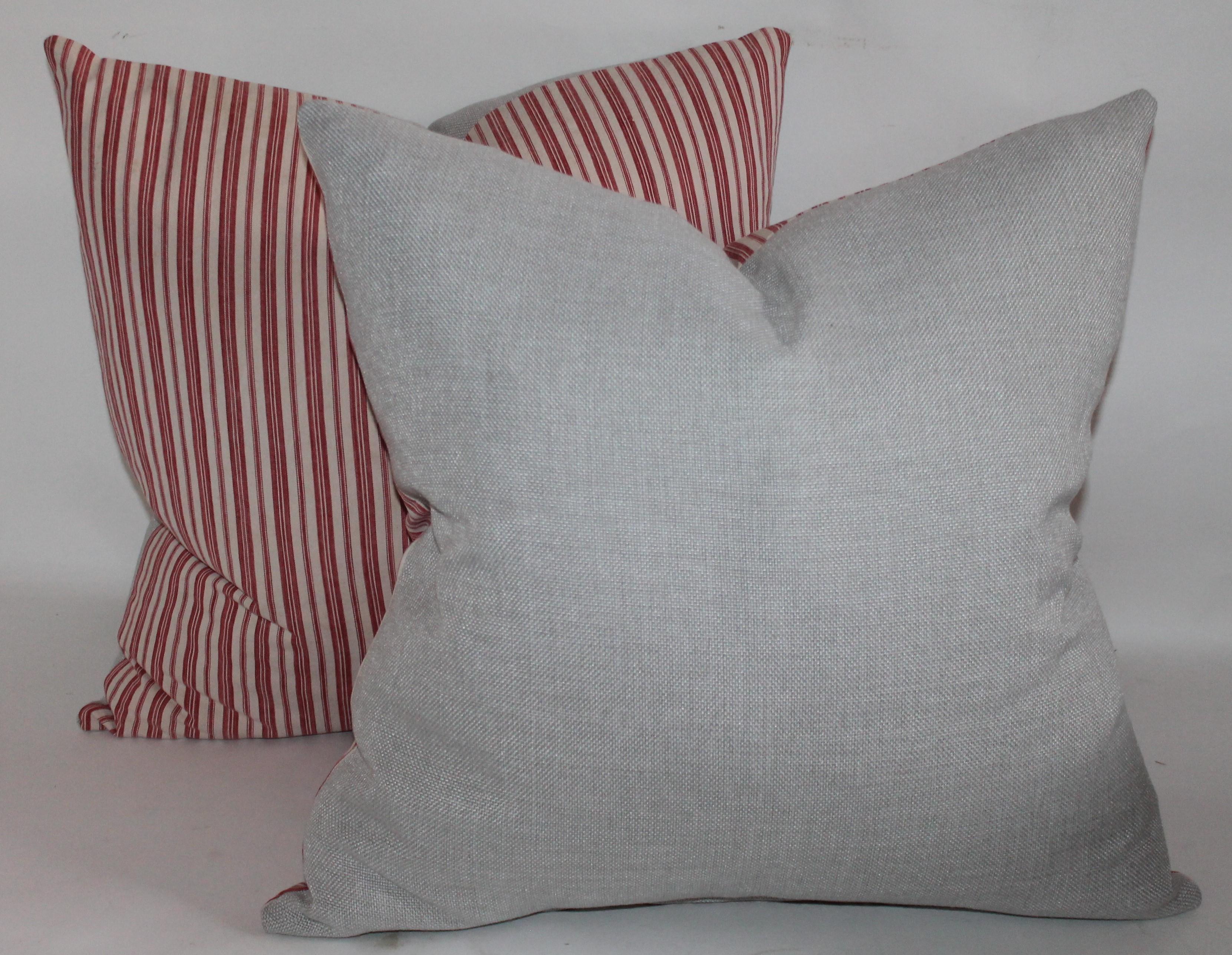 Hand-Crafted Collection of Four Red and White Vintage Ticking Pillows For Sale