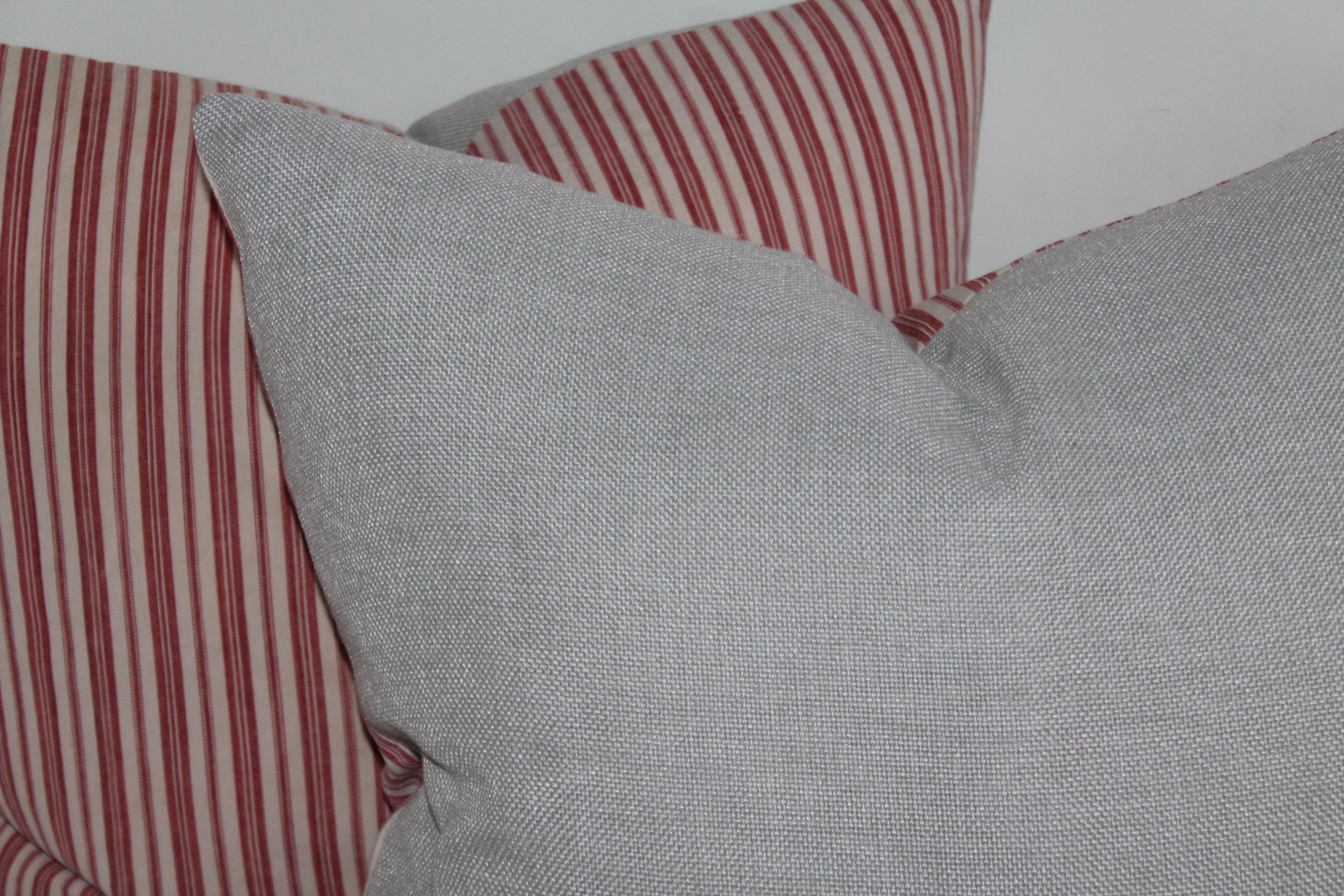 Collection of Four Red and White Vintage Ticking Pillows In Good Condition For Sale In Los Angeles, CA