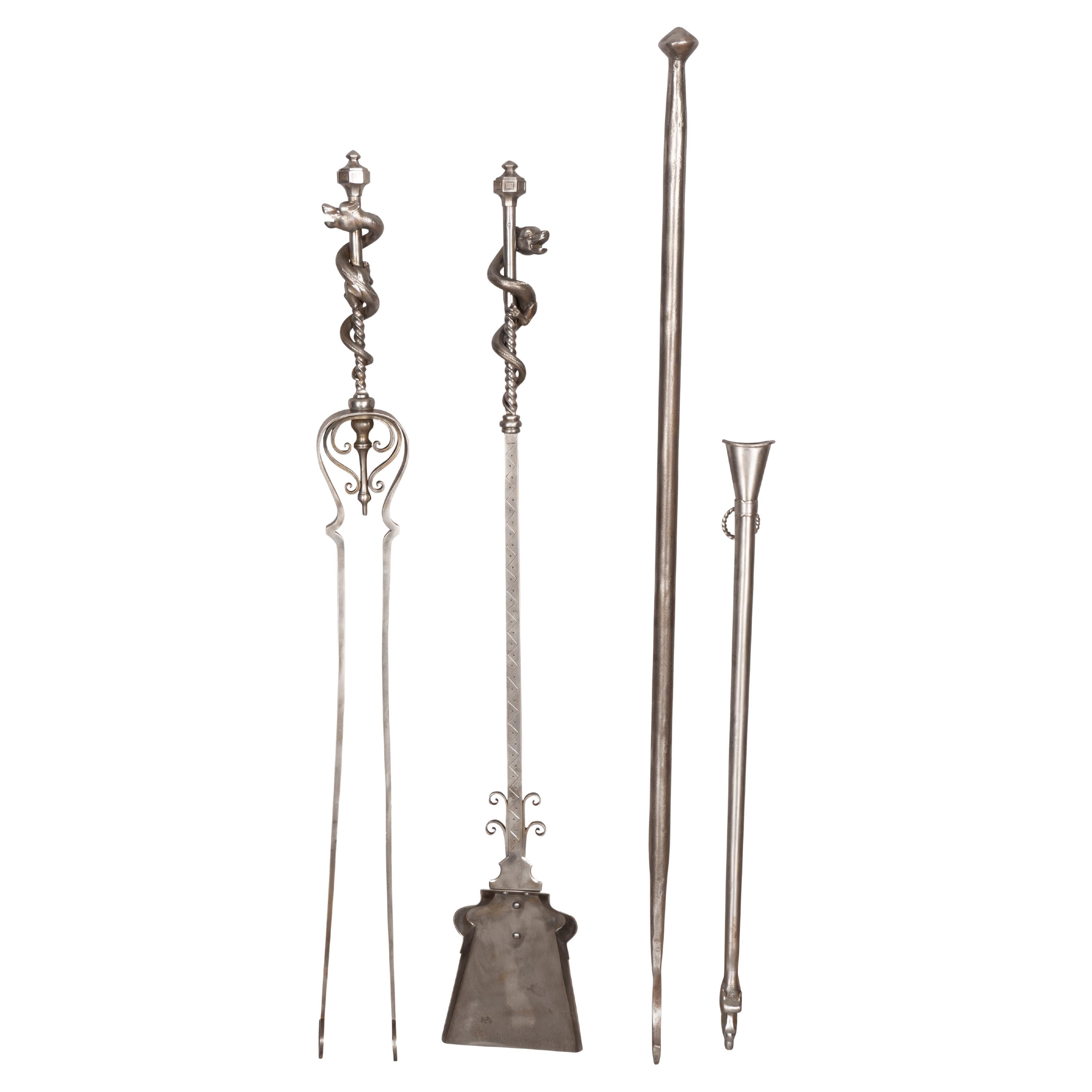Collection of Four Steel Fireplace Tools Original to Rosecliff in Newport RI For Sale