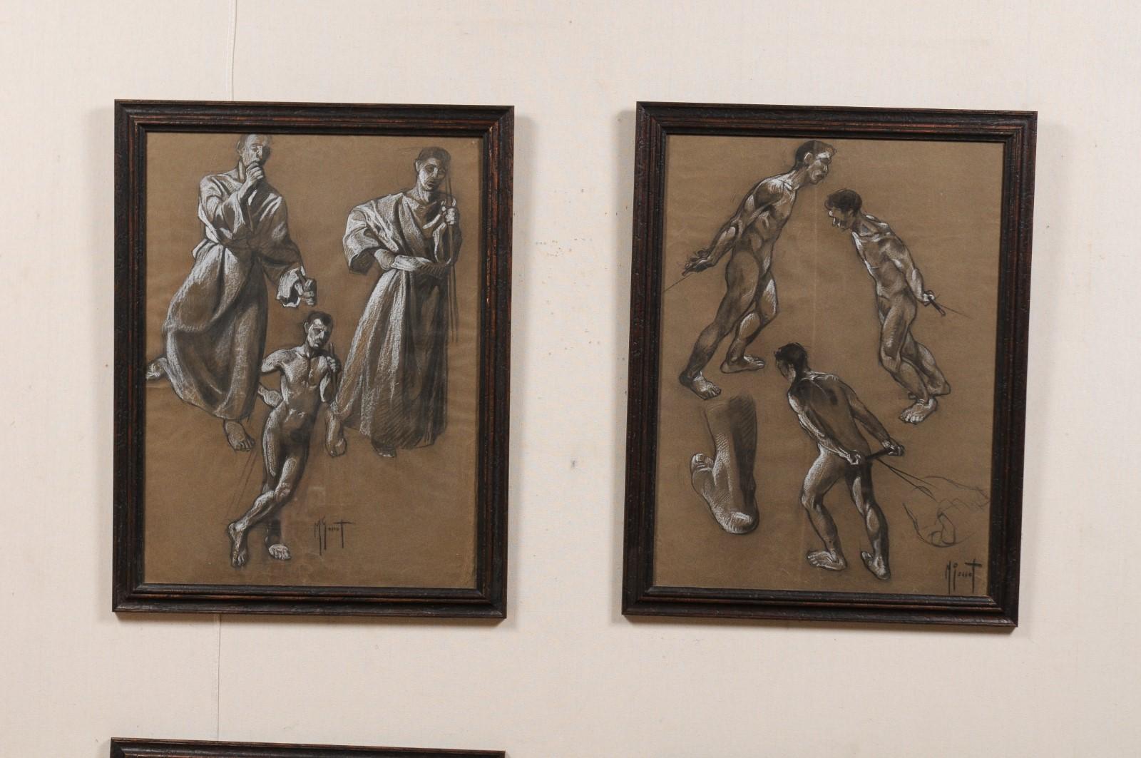 European Collection of Four Swedish, Mid-20th Century Charcoal Studies For Sale