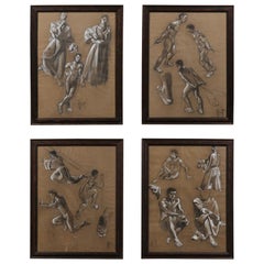 Vintage Collection of Four Swedish, Mid-20th Century Charcoal Studies