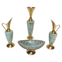 Collection of Four Vintage Dutch Delftware Porcelain and Brass Vessels and Ewers