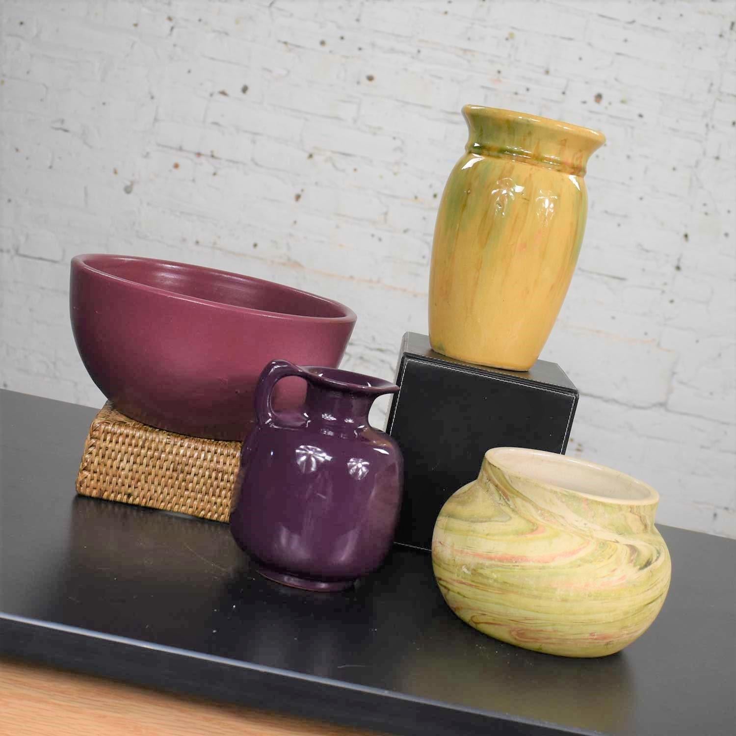 Arts and Crafts Collection of Four Vintage Pottery Pieces Aubergine Yellow Plum Green Swirl