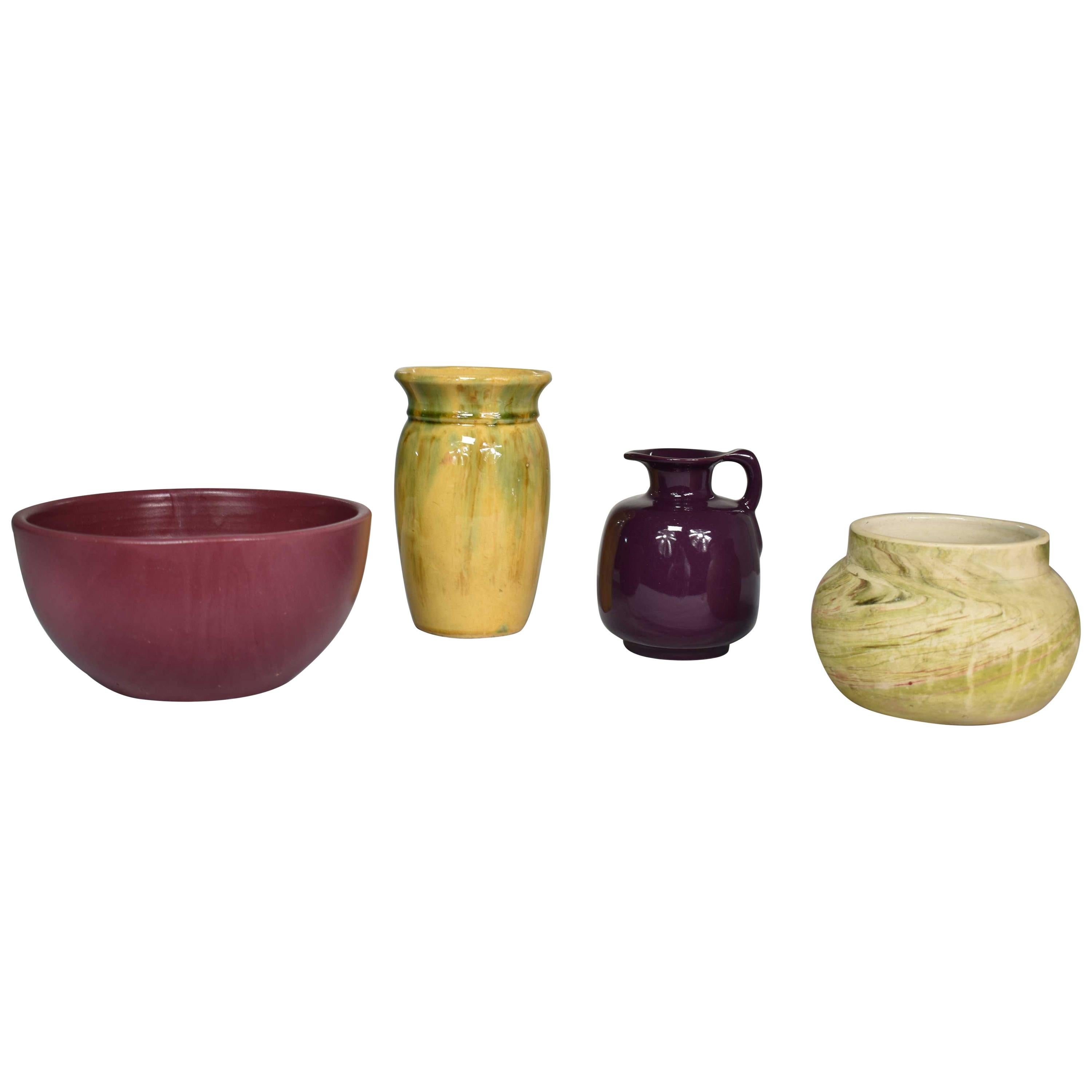 Collection of Four Vintage Pottery Pieces Aubergine Yellow Plum Green Swirl