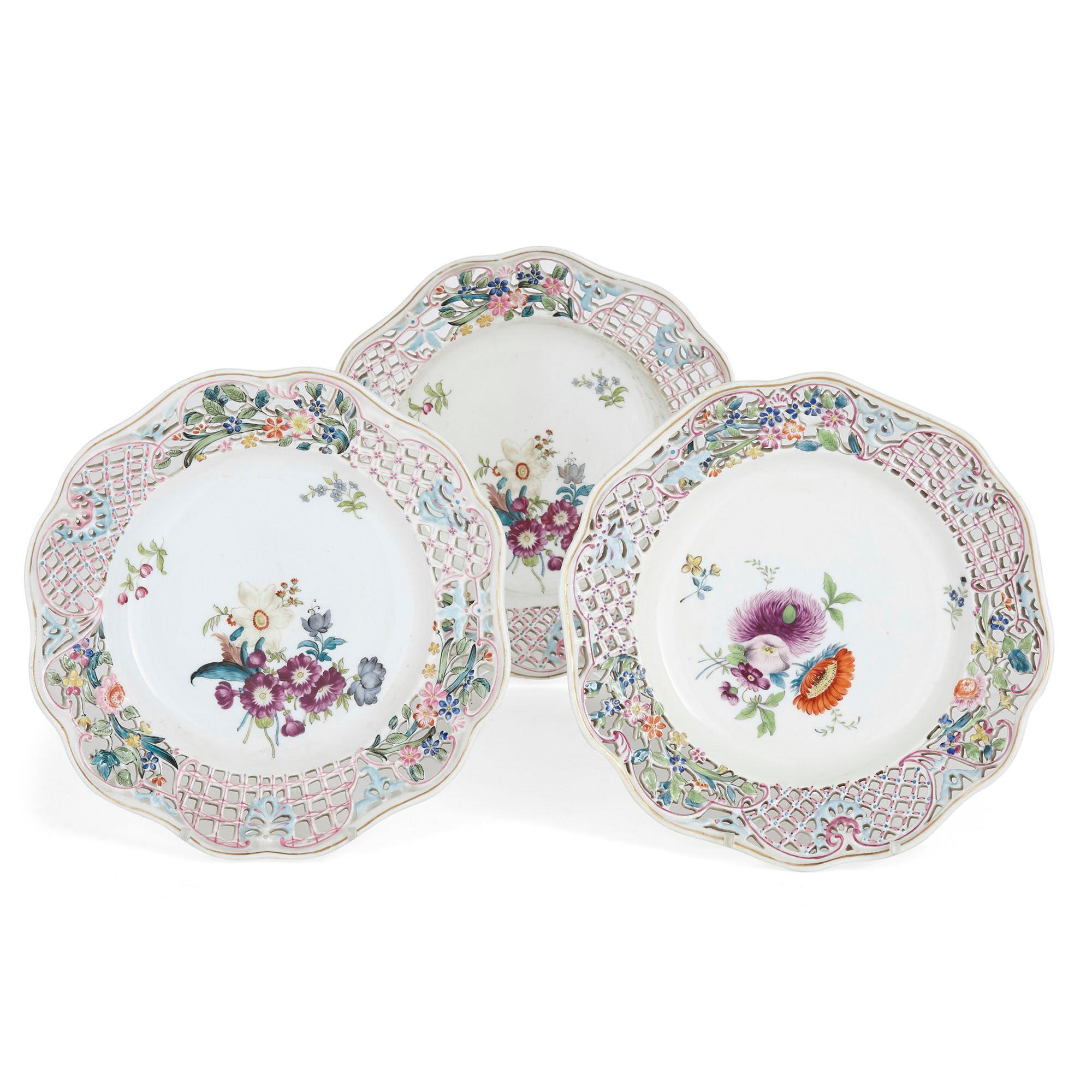 Collection of fourteen porcelain plates by various German makers
German, circa 1900
Measures: Largest height 4cm, diameter 23cm
Smallest height 3cm, diameter 19cm

Each of the fourteen plates in this collection is by an important German maker,