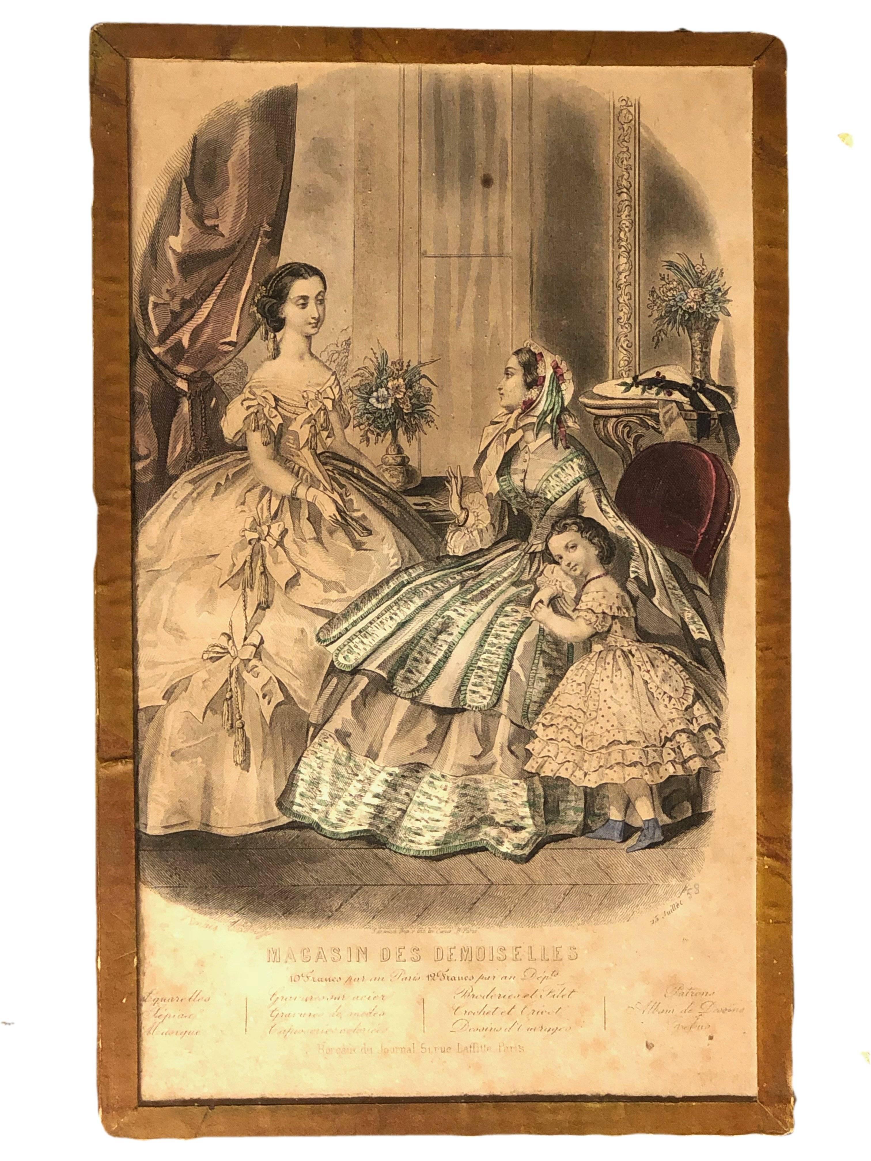 Collection of French Colored Engravings of Fashion Dresses Set of Ten, Mid-1800s For Sale 6