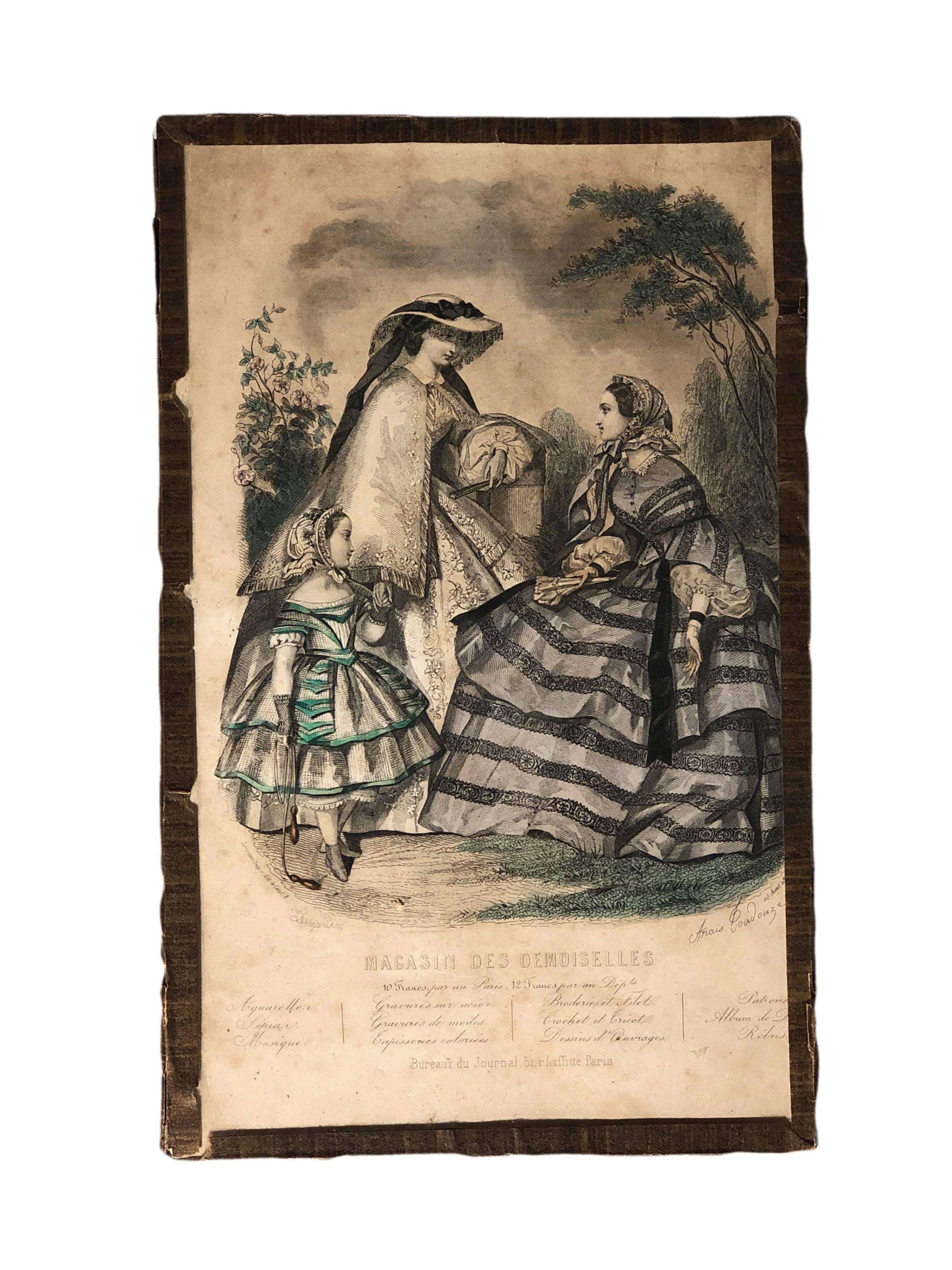 Collection of French Colored Engravings of Fashion Dresses Set of Ten, Mid-1800s For Sale 7