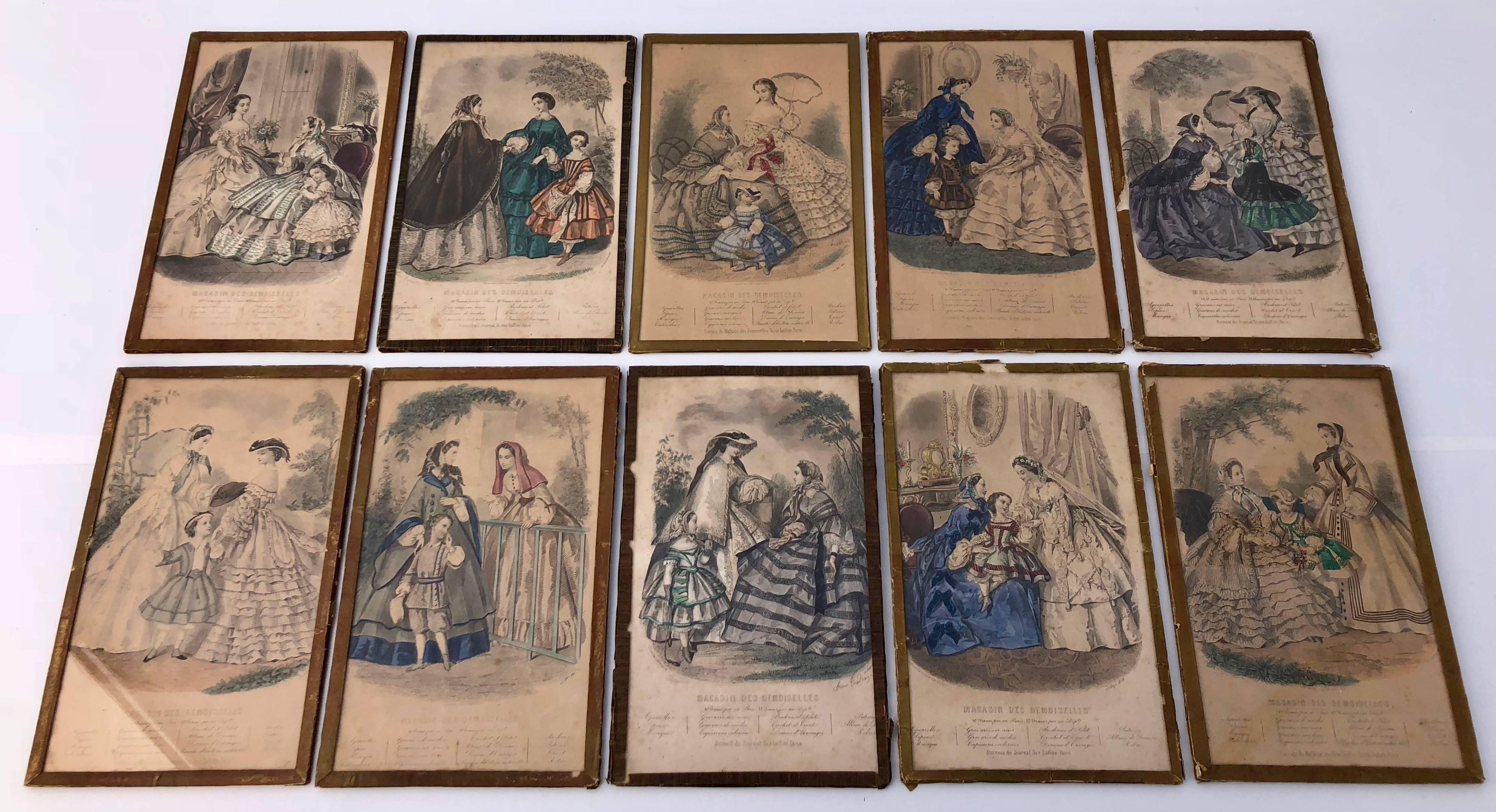Collection of French Colored Engravings of Fashion Dresses Set of Ten, Mid-1800s For Sale 8