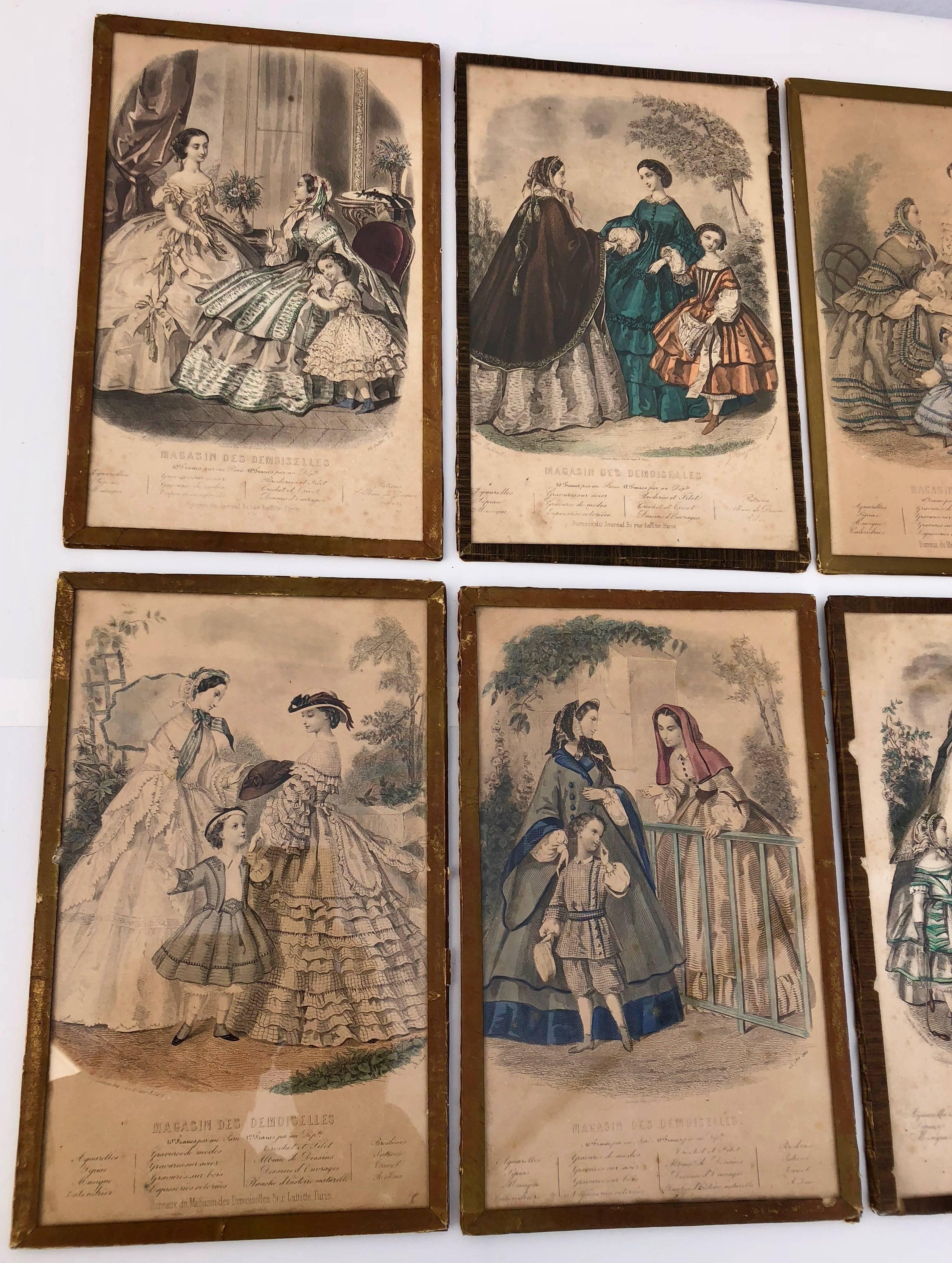Collection of French Colored Engravings of Fashion Dresses Set of Ten, Mid-1800s For Sale 9