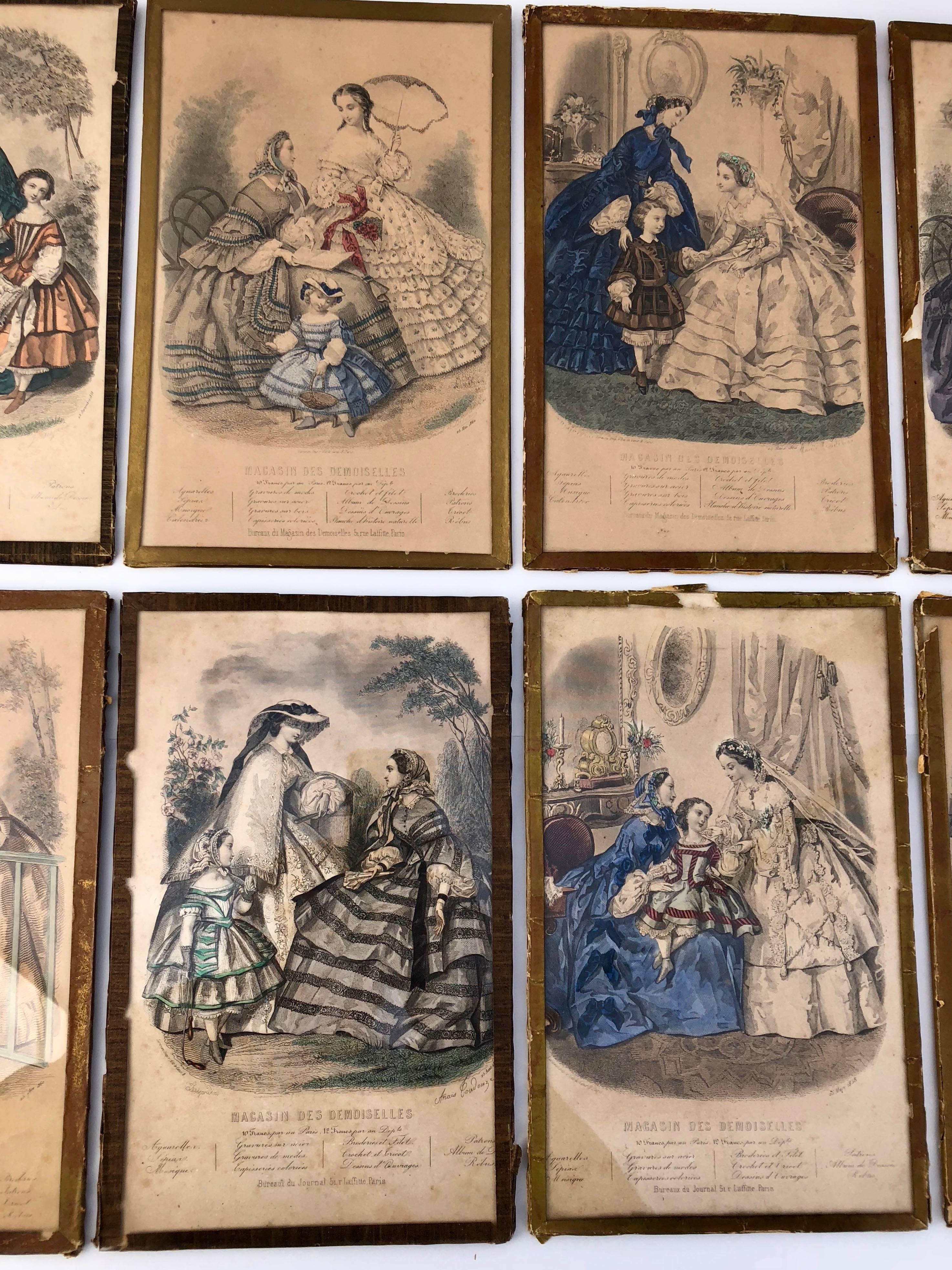 Collection of French Colored Engravings of Fashion Dresses Set of Ten, Mid-1800s For Sale 10