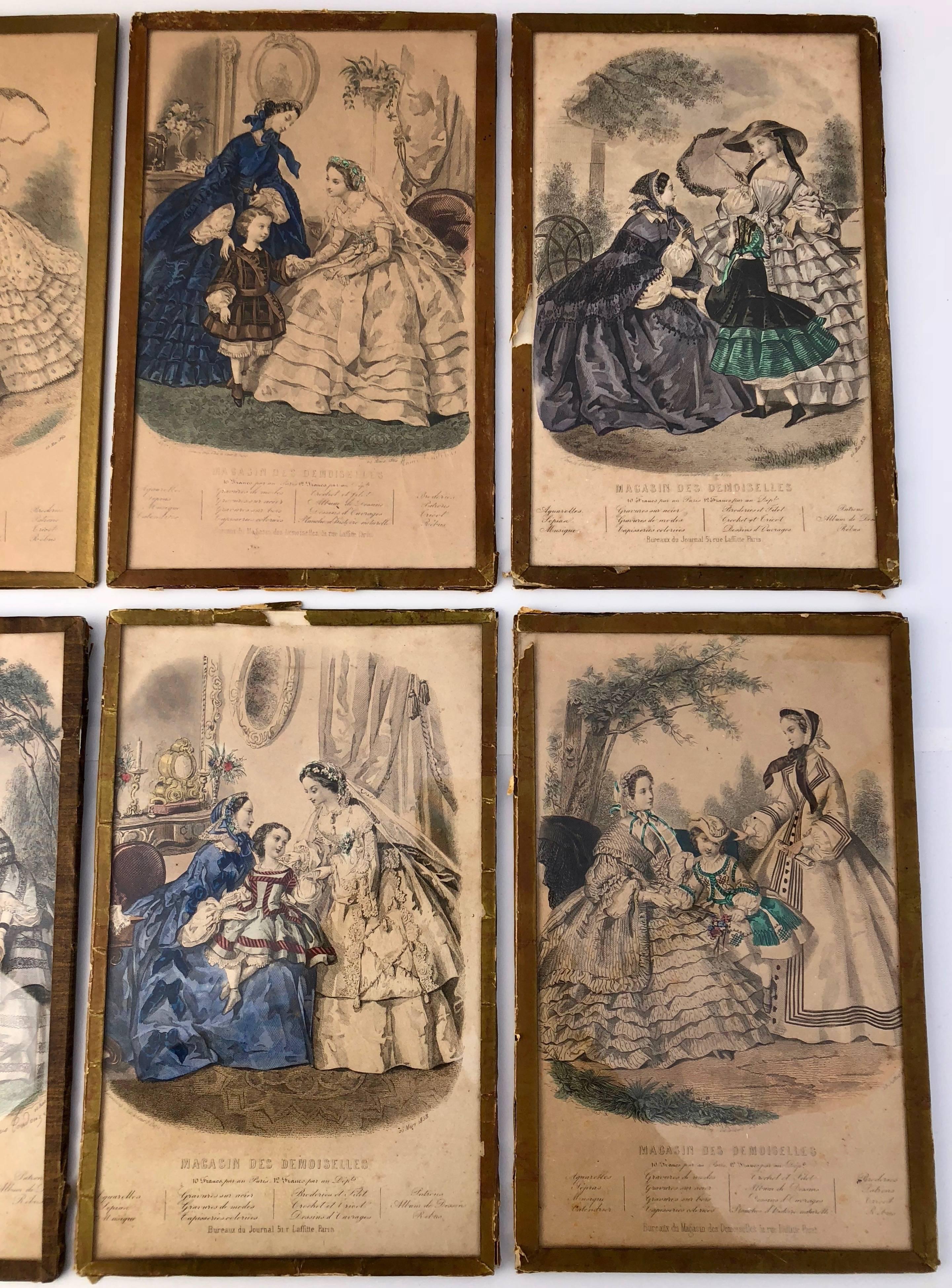 Collection of French Colored Engravings of Fashion Dresses Set of Ten, Mid-1800s For Sale 11