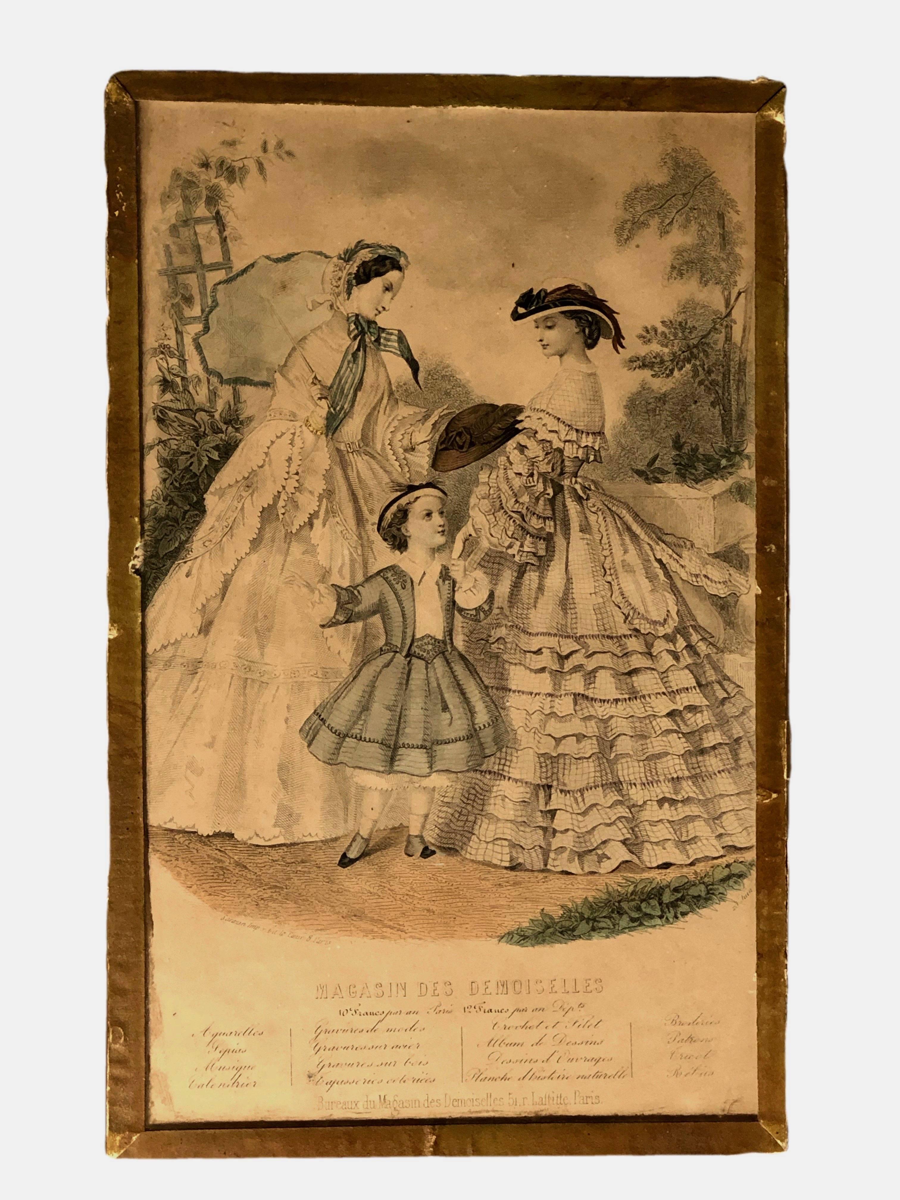 This is a wonderful collection of French fashion dress color engravings, collected from fashion magazines during the mid-1800s. The protective glass have decorative taped edges which was a simple way to frame during this period. These all come from