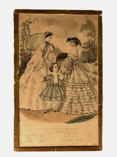 Collection of French Colored Engravings of Fashion Dresses Set of Ten, Mid-1800s