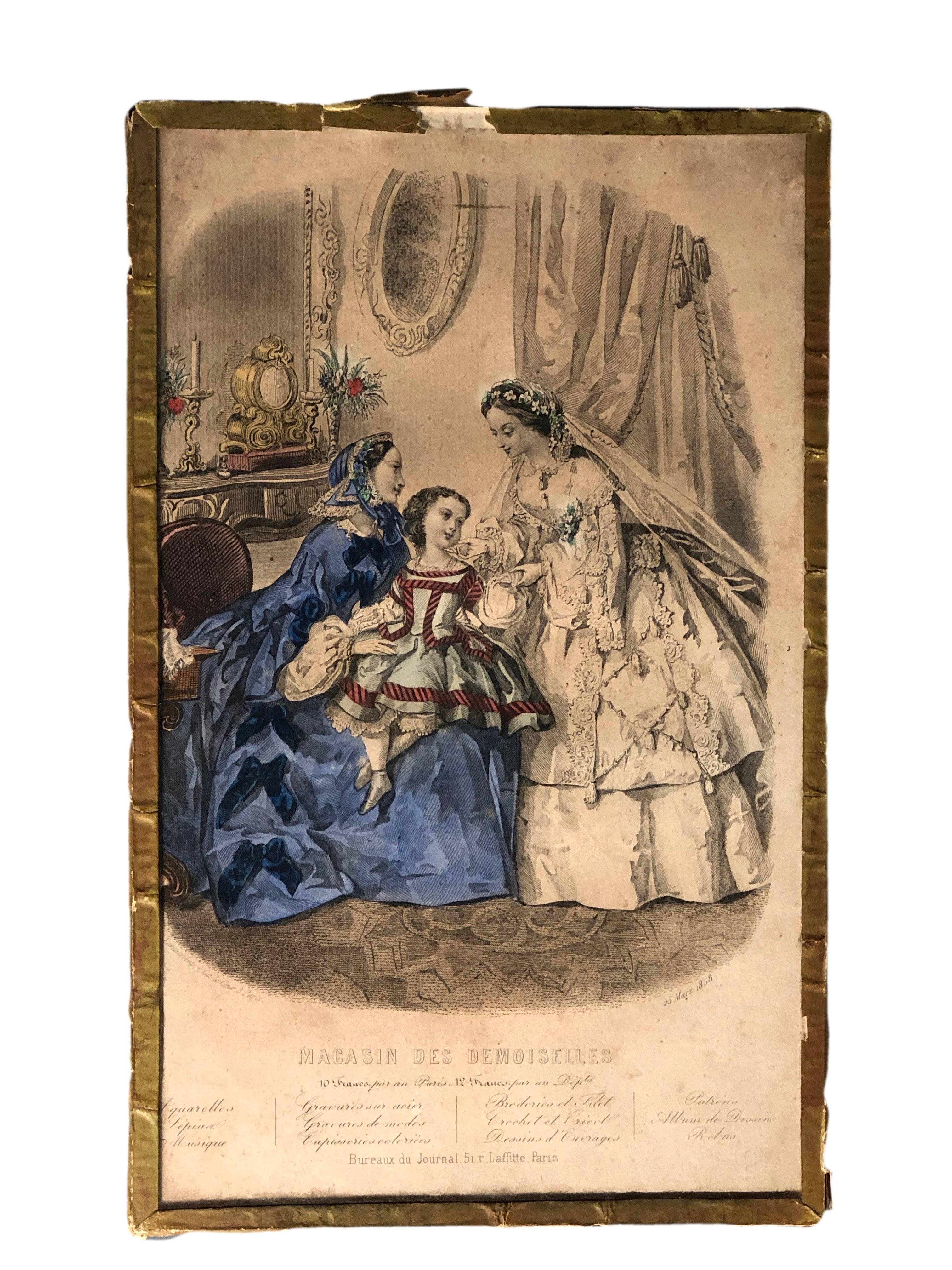 Collection of French Colored Engravings of Fashion Dresses Set of Ten, Mid-1800s In Fair Condition For Sale In Petaluma, CA