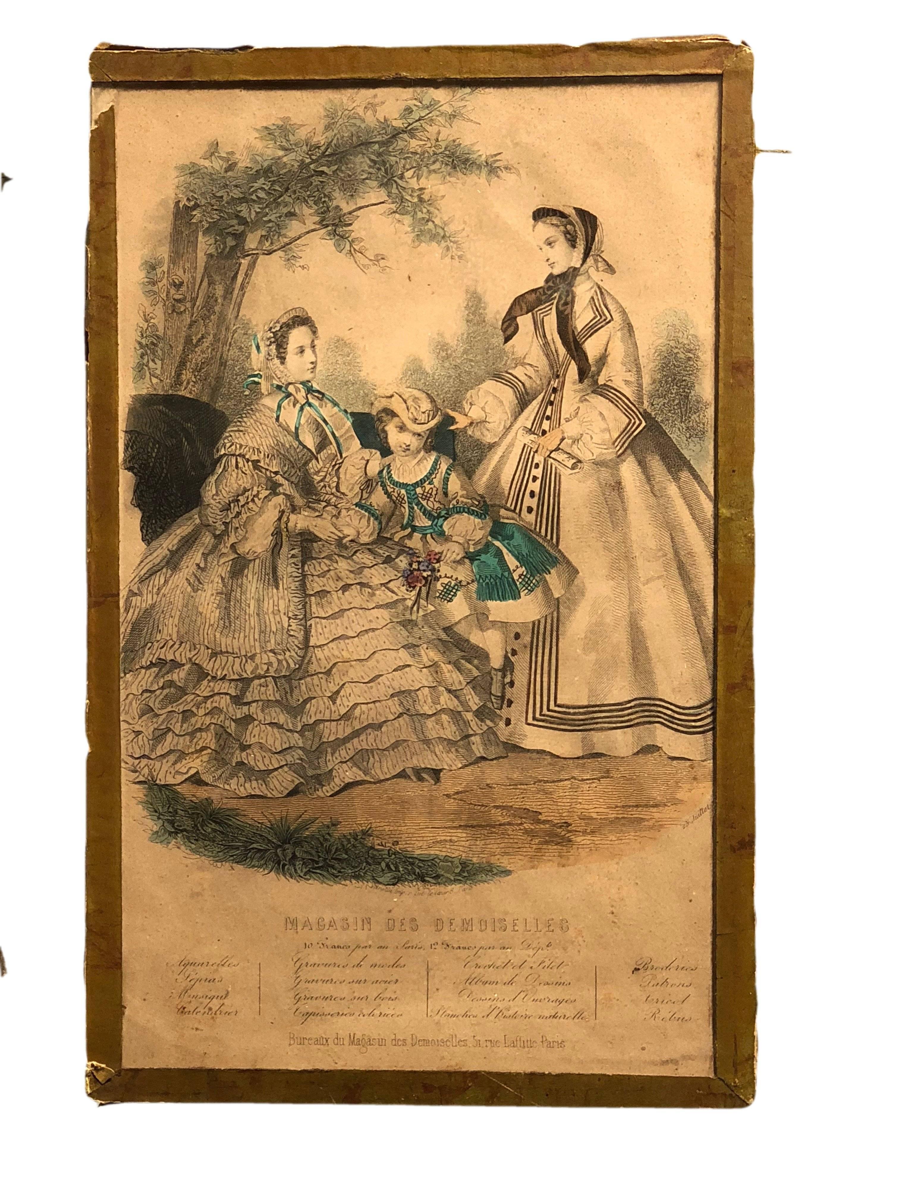 20th Century Collection of French Colored Engravings of Fashion Dresses Set of Ten, Mid-1800s For Sale